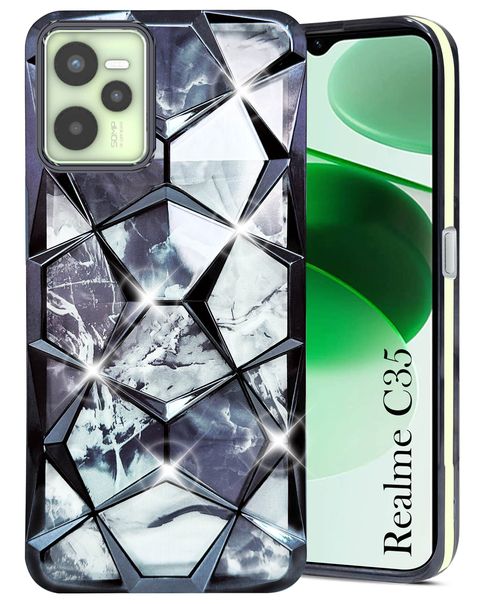 For Realme C35 Back Cover Case (Dual Design Glitter Sparkle and Detachable Diamond Print Case | Soft and Flexible)