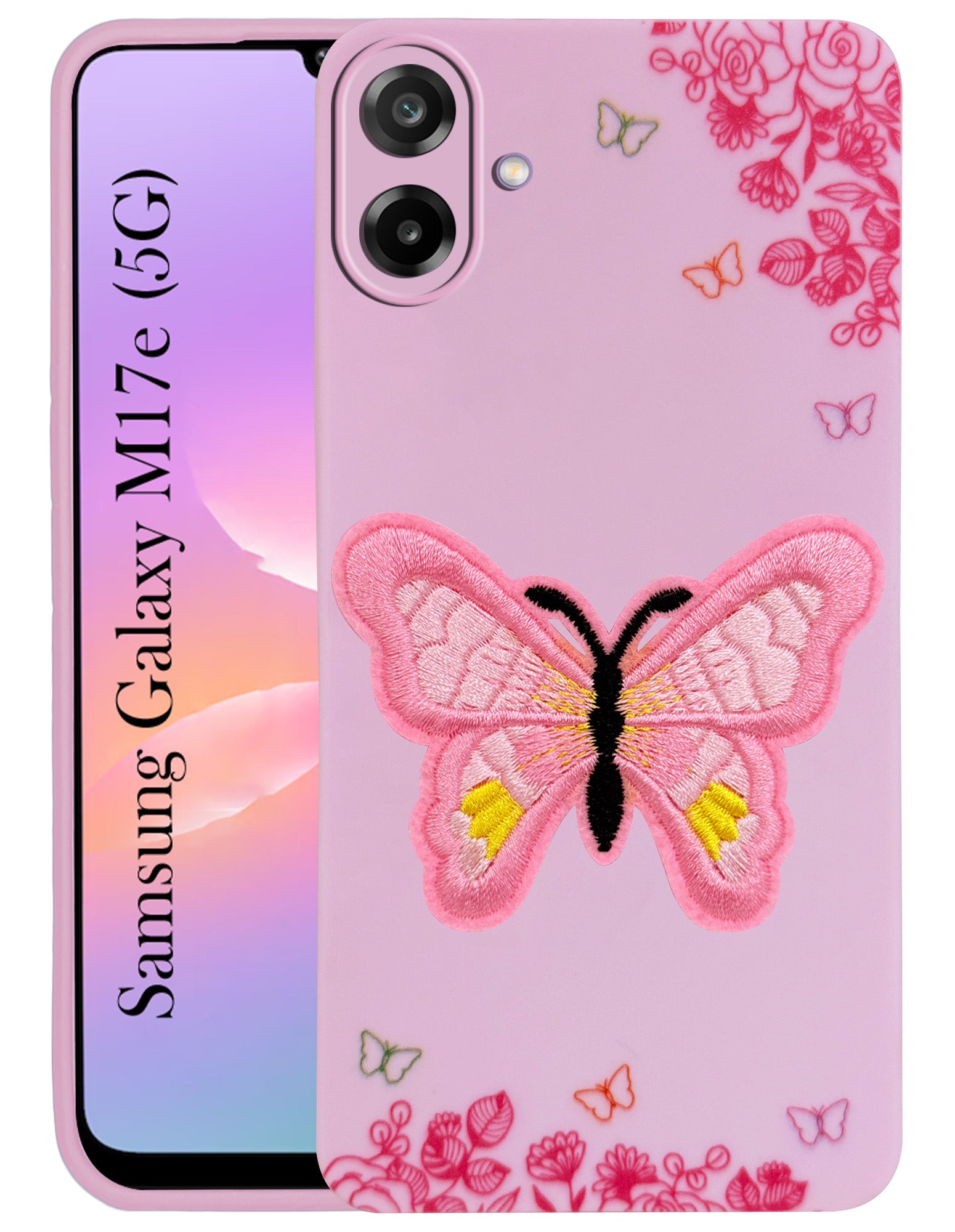 For Samsung Galaxy M17e Back Cover Case (Soft Butterfly Embroidery | Women Teen Girls | Camera Protection| Matte Silicone)