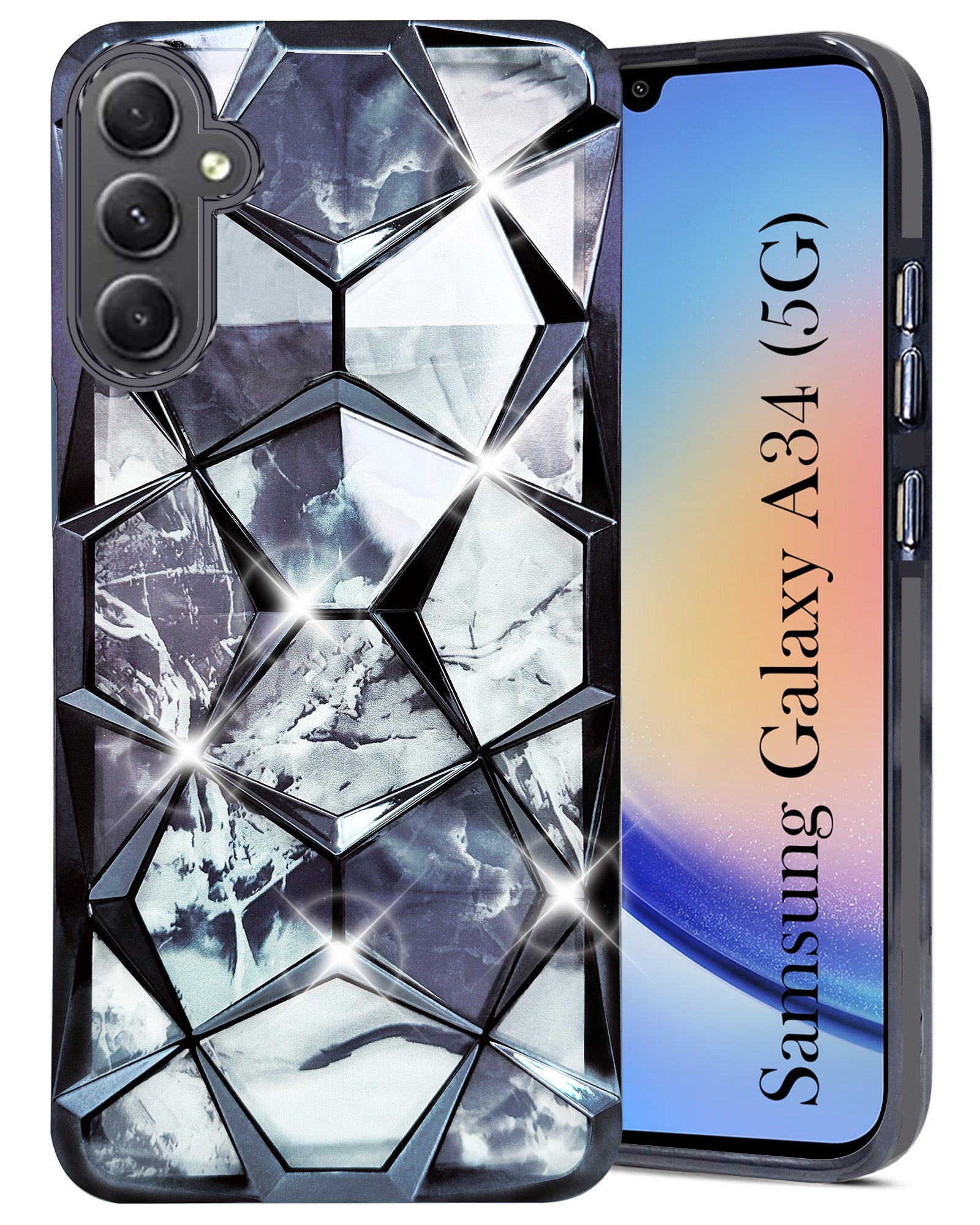 For Samsung Galaxy A34 5G Back Cover Case ( Dual Design Glitter Sparkle and Detachable Diamond Print Case | Soft and Flexible)