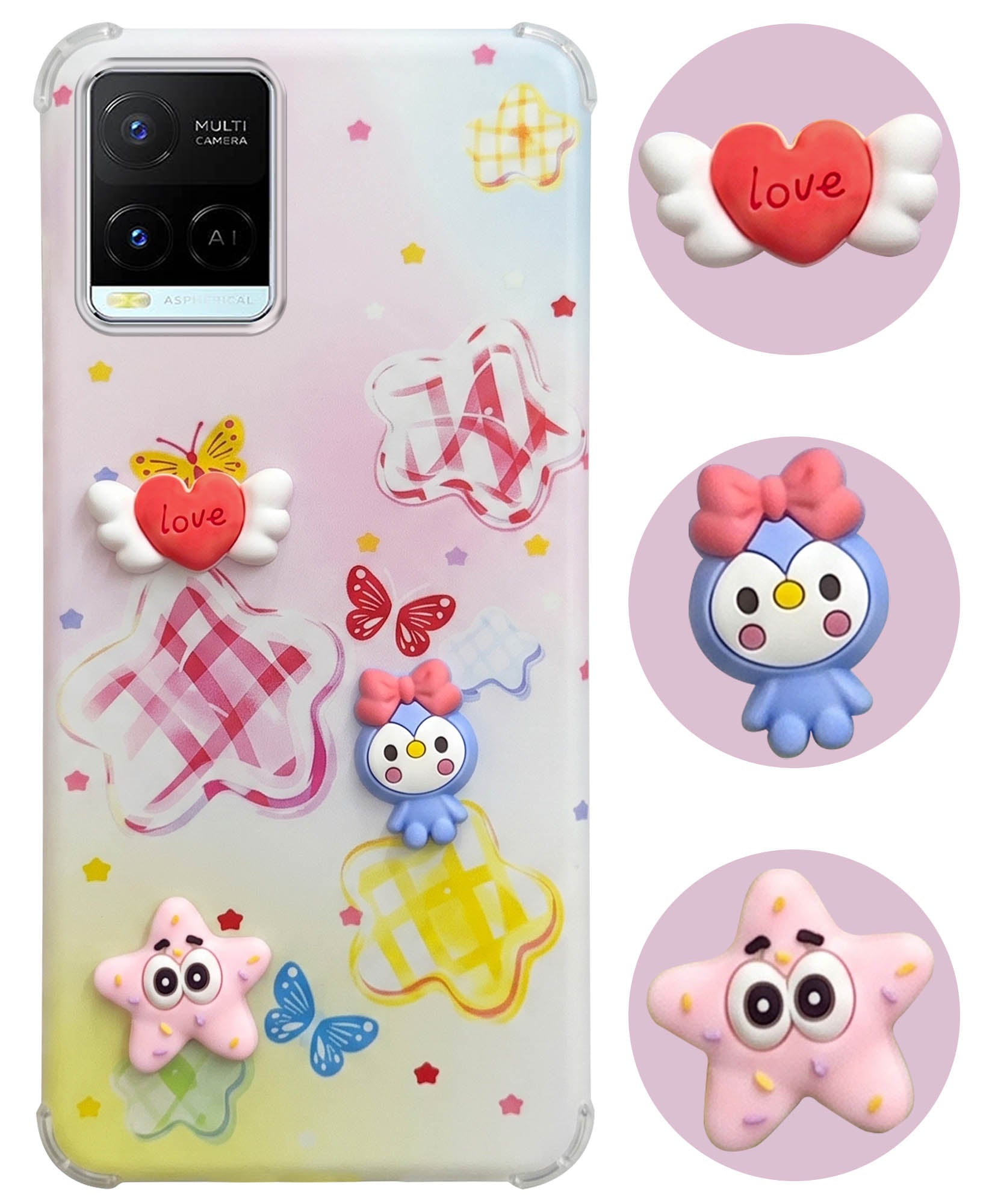 For Vivo Y21 2021 Back Cover Case (3D Cute Cartoons | Hard Back Side Soft | Matte Premium Finish | HD Printing)