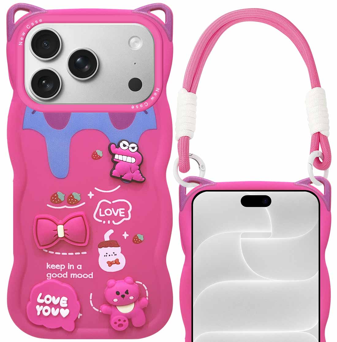 For Apple iPhone 18 Pro Back Case Cover Strap (3D Embossed Figures | Strap Holder | 360* Soft Cushion with Camera Bump)