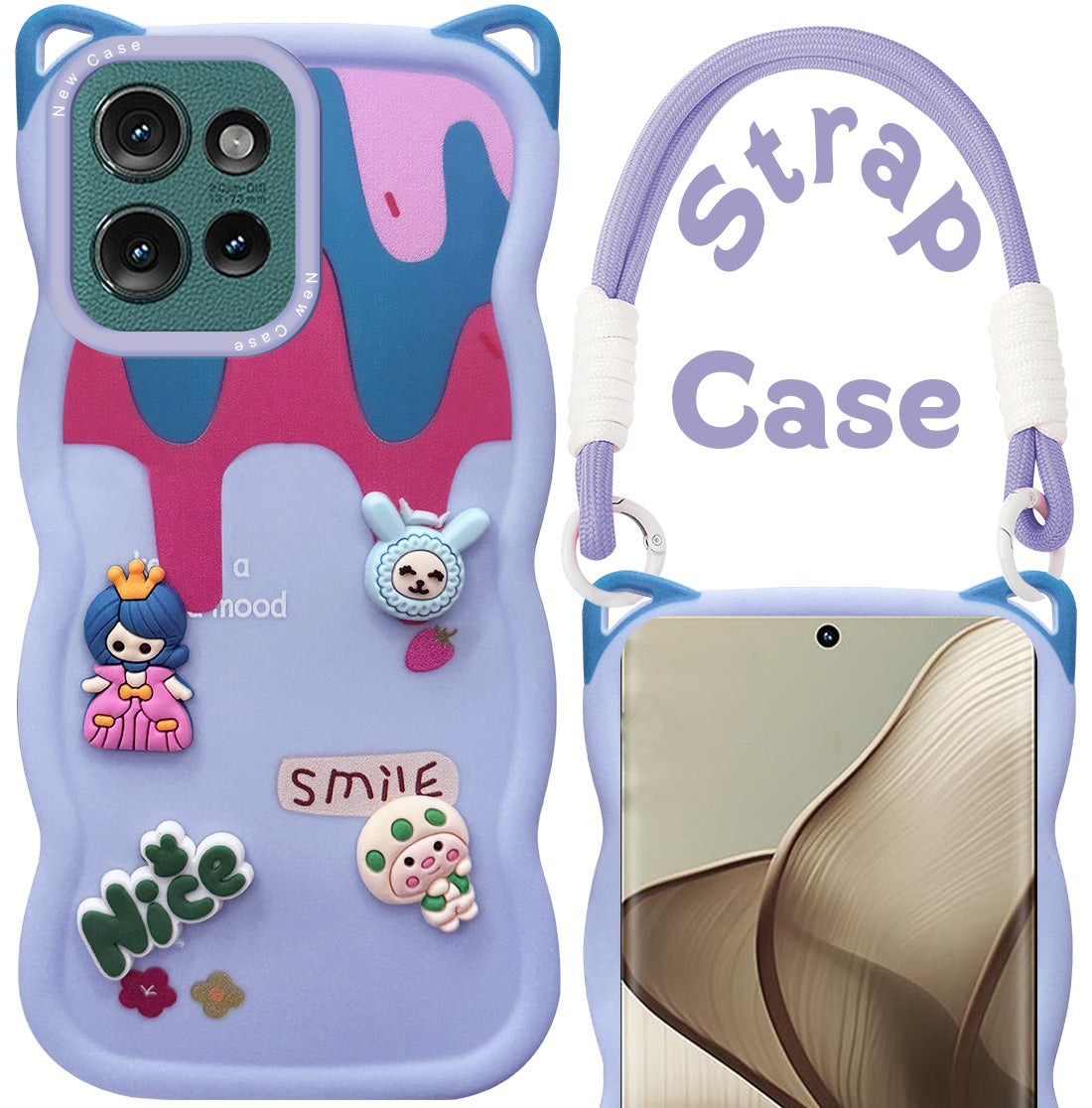 For Motorola Moto Edge 50 5G Back Case Cover Strap (3D embossed Figures | Strap Holder | 360* Soft Cushion with Camera Bump)