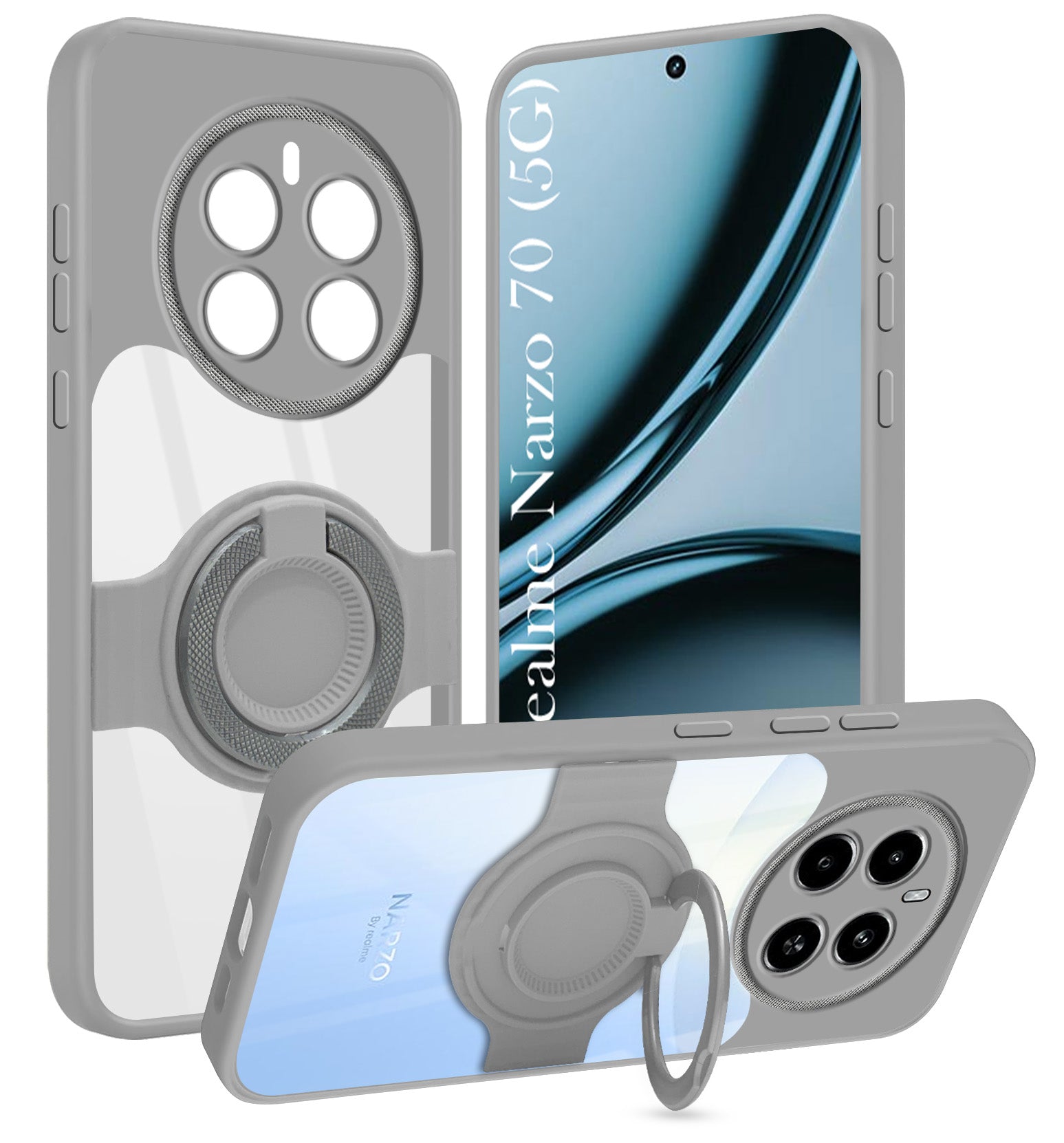 For Realme Narzo 70 5G Back Cover Case with stand (Built-in Ring Holder Kickstand | Lifetime Anti Yellow | Camera Protection)