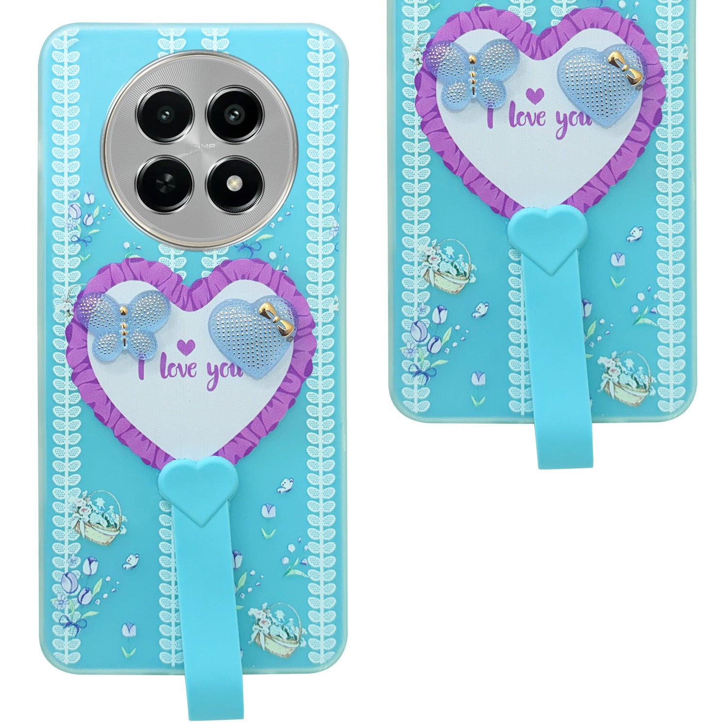 For Realme Narzo N65 5G Back Cover Case (3D Cute Heart Strap Holder | Camera Protection | Designer Girls Print)