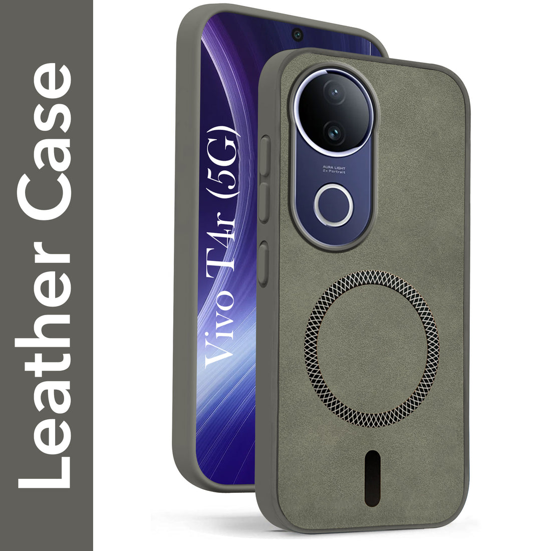 For Vivo T4R Back Cover Case Leather Finish (MagSafe Compatible Wireless Charging | Soft Touch | Camera Bump Protection)