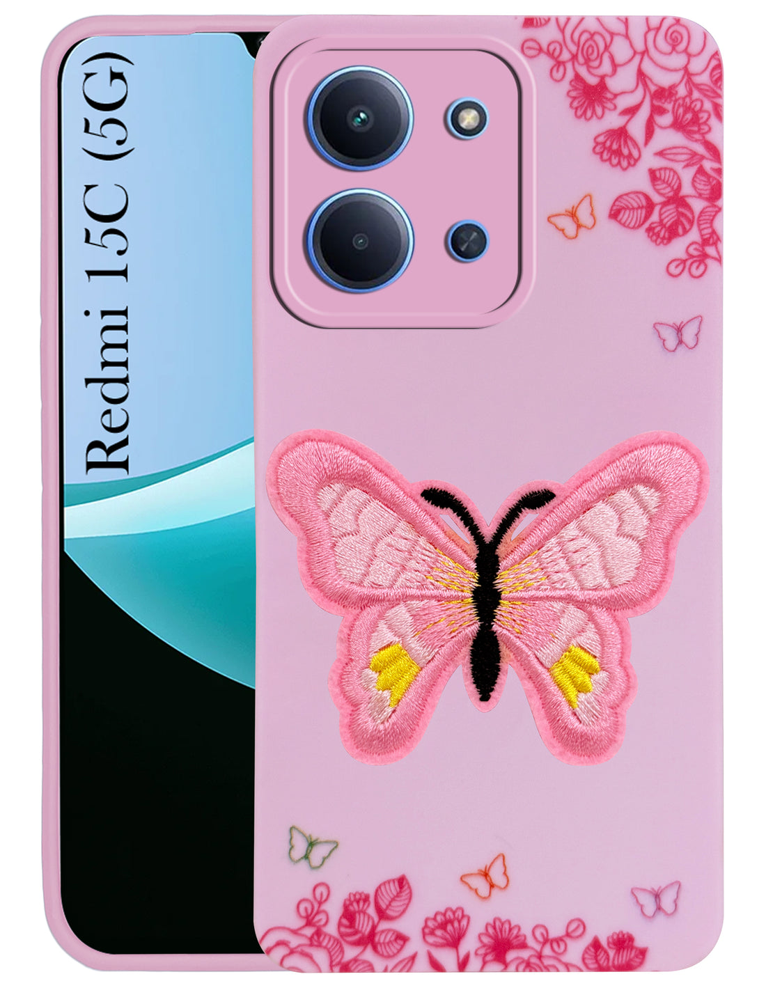 For Redmi 15C Back Cover Case (Soft ButterFly Embroidery | Women Teen Girls | Camera Protection| Matte Silicone)