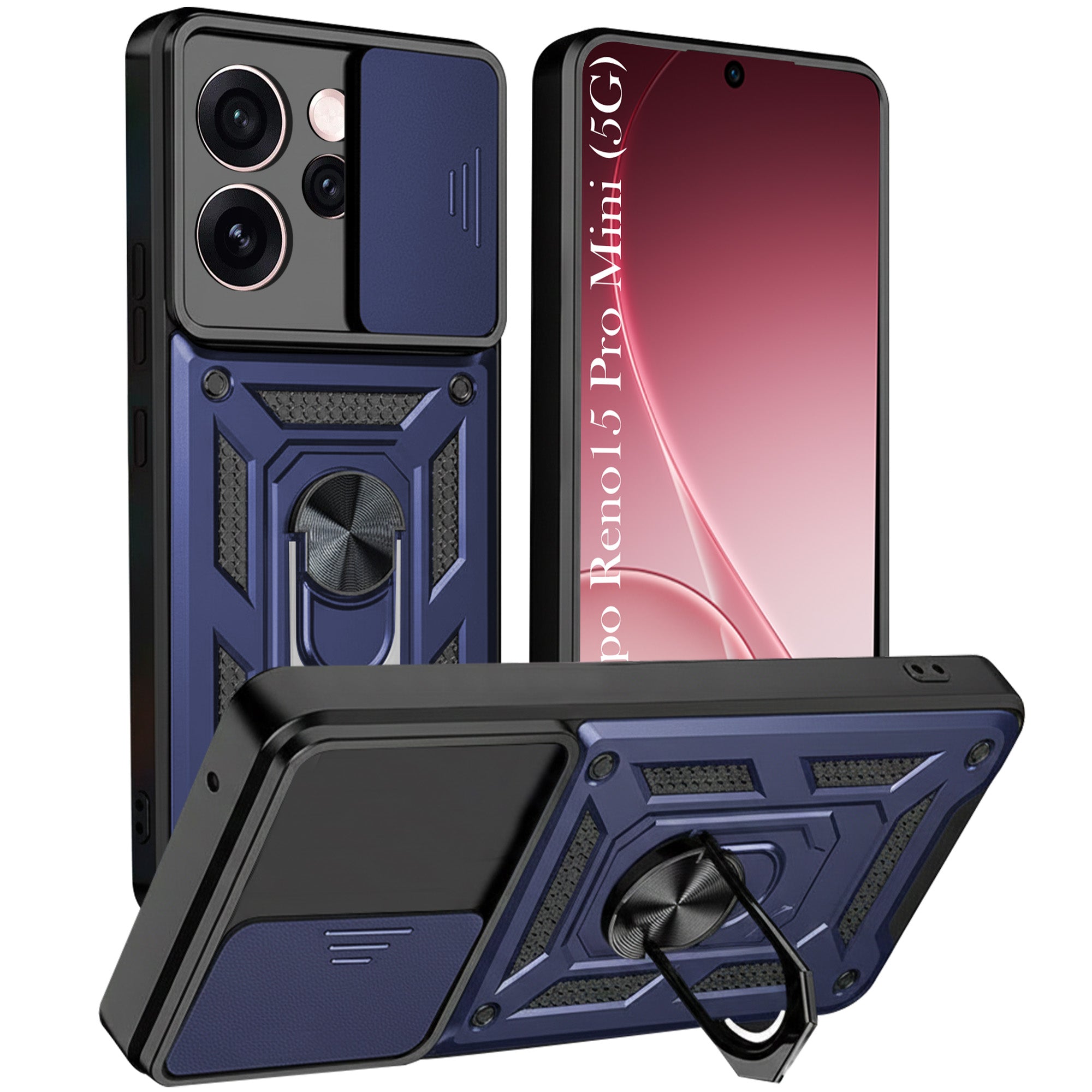 For Oppo Reno15 Pro Mini 5G | Oppo Reno 15 Pro Mini 5G Back Cover Case Hybrid Armor (Sliding Shutter Camera Protection | Polycarbonate |Ring Holder Kickstand)