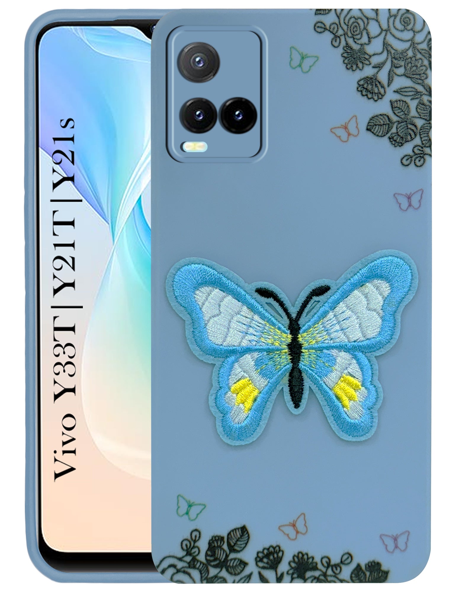 For Vivo Y33T | Vivo Y21T | Vivo Y21s Back Cover Case (Soft Butterfly Embroidery | Women Teen Girls | Camera Protection| Matte Silicone)