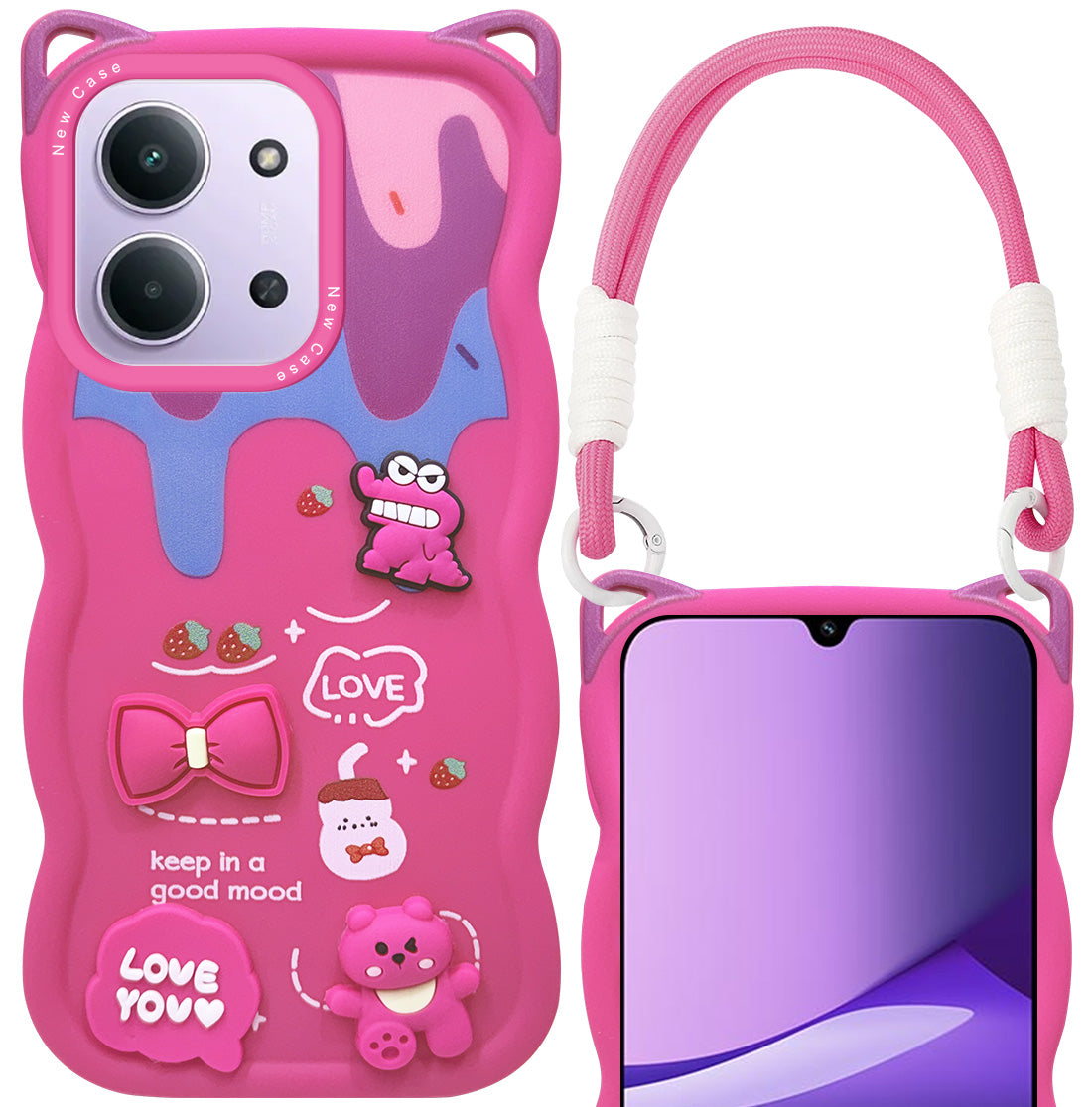 For Redmi 15C Back Case Cover (3D Embossed Figures | Strap Holder | 360* Soft Cushion with Camera Bump)