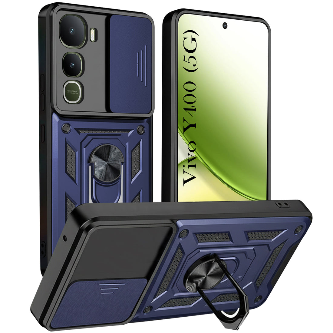 For Vivo Y400 Back Cover Case Hybrid Armor (Sliding Shutter Camera Protection | Polycarbonate |Ring Holder Kickstand)