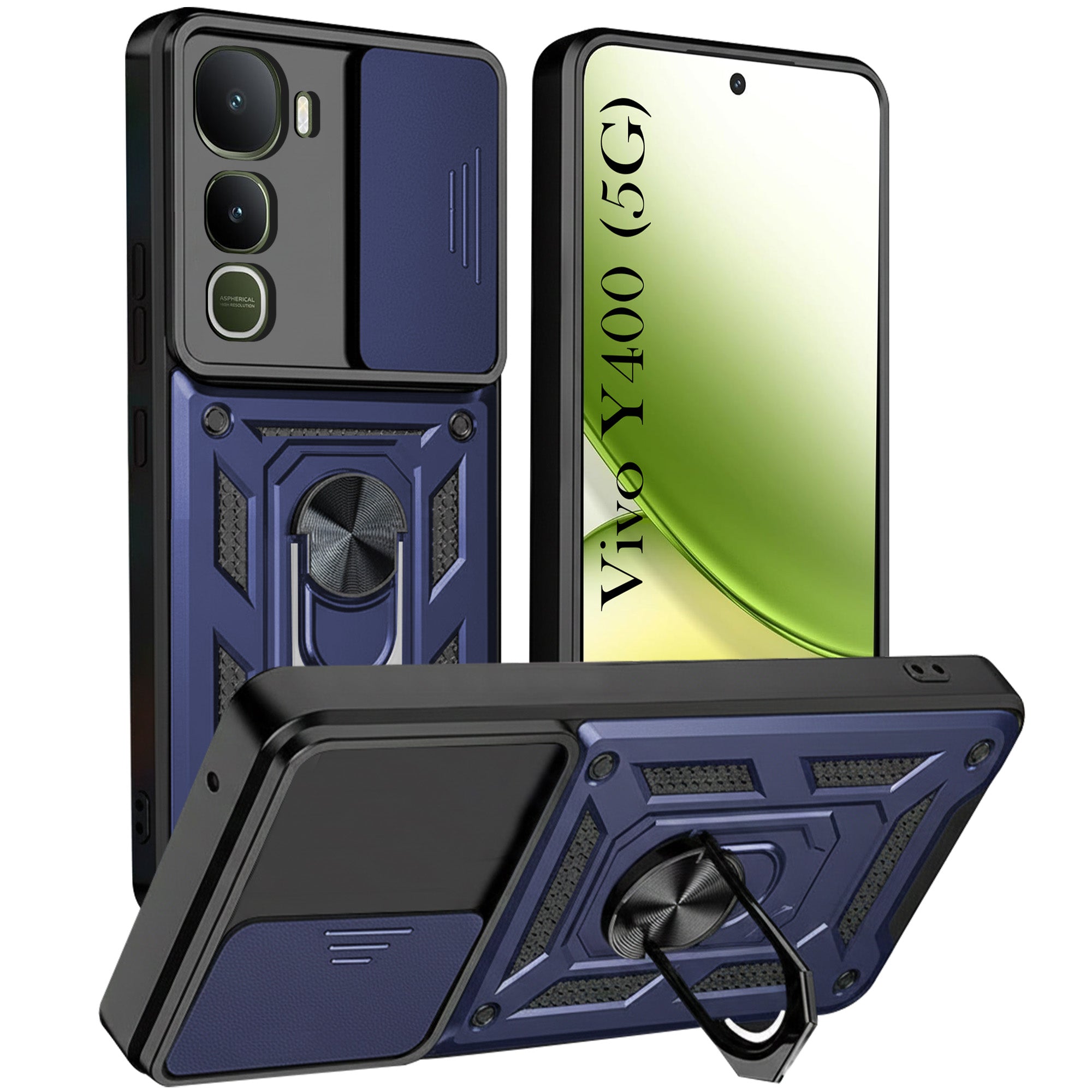 For Vivo Y400 Back Cover Case Hybrid Armor (Sliding Shutter Camera Protection | Polycarbonate |Ring Holder Kickstand)