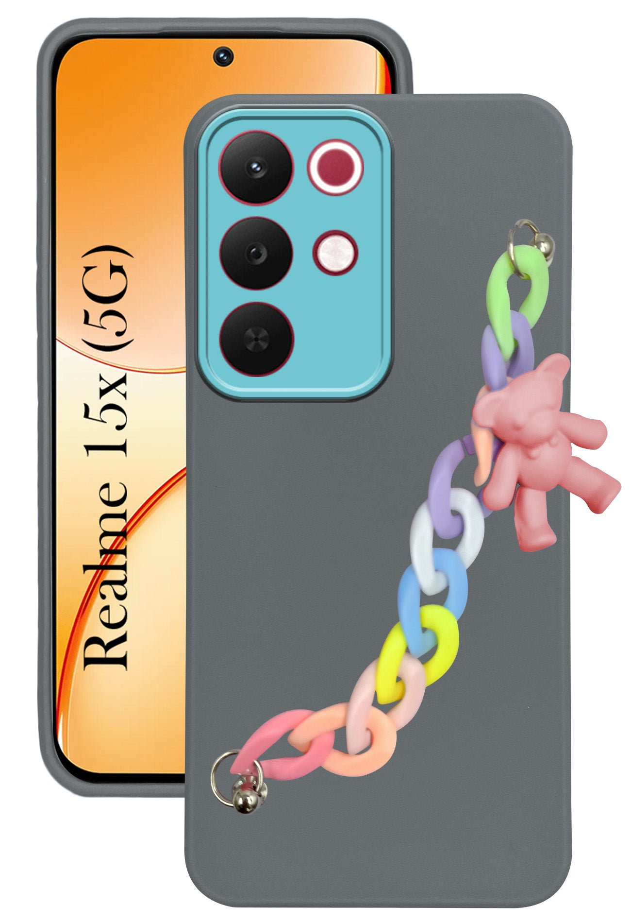 For Realme 15X Back Cover Case (Matte Finish |Wrist Hanging Chain | Teddy Bracelet Charms | Full Camera Protection)