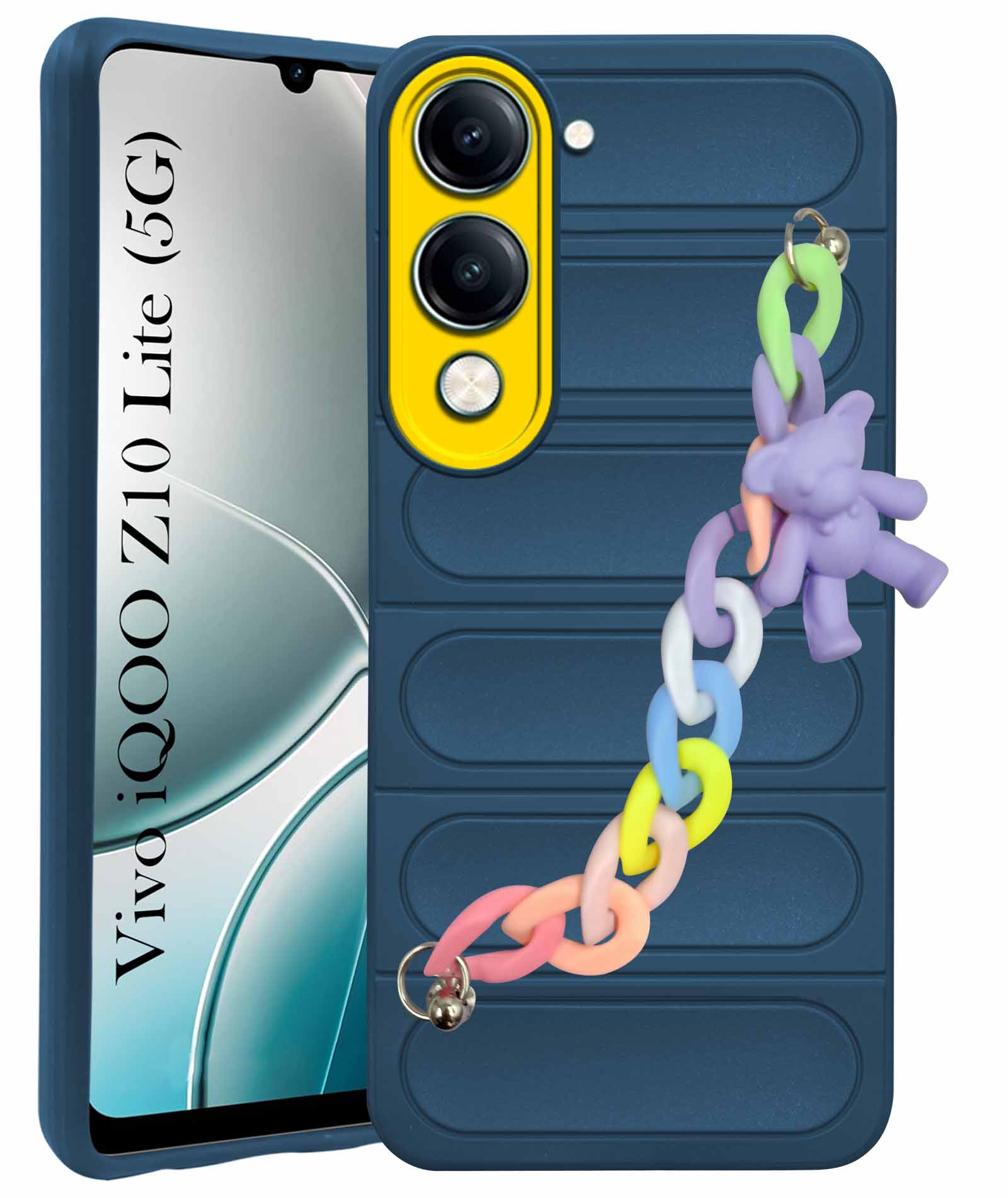 For Vivo iQOO Z10 Lite Back Cover Case (Wrist Hanging Chain | Teddy Bracelet Charms | Matte Liquid Silicone | Camera Protection Ring)