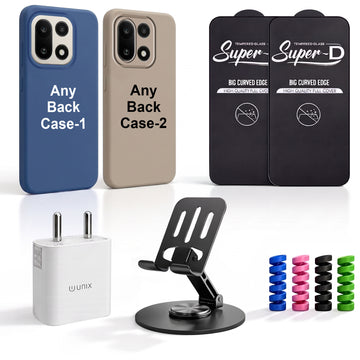 Complete Mobile Care Kit (Get Any 2 Cases+2 Tempered Glass+25W Charger Adapter+Metallic Mobile Stand+Cable Protector)