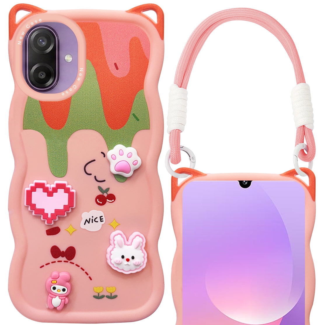 For Samsung Galaxy M17e Back Cover Case Strap (3D Embossed Figures | Strap Holder | 360* Soft Cushion with Camera Bump)