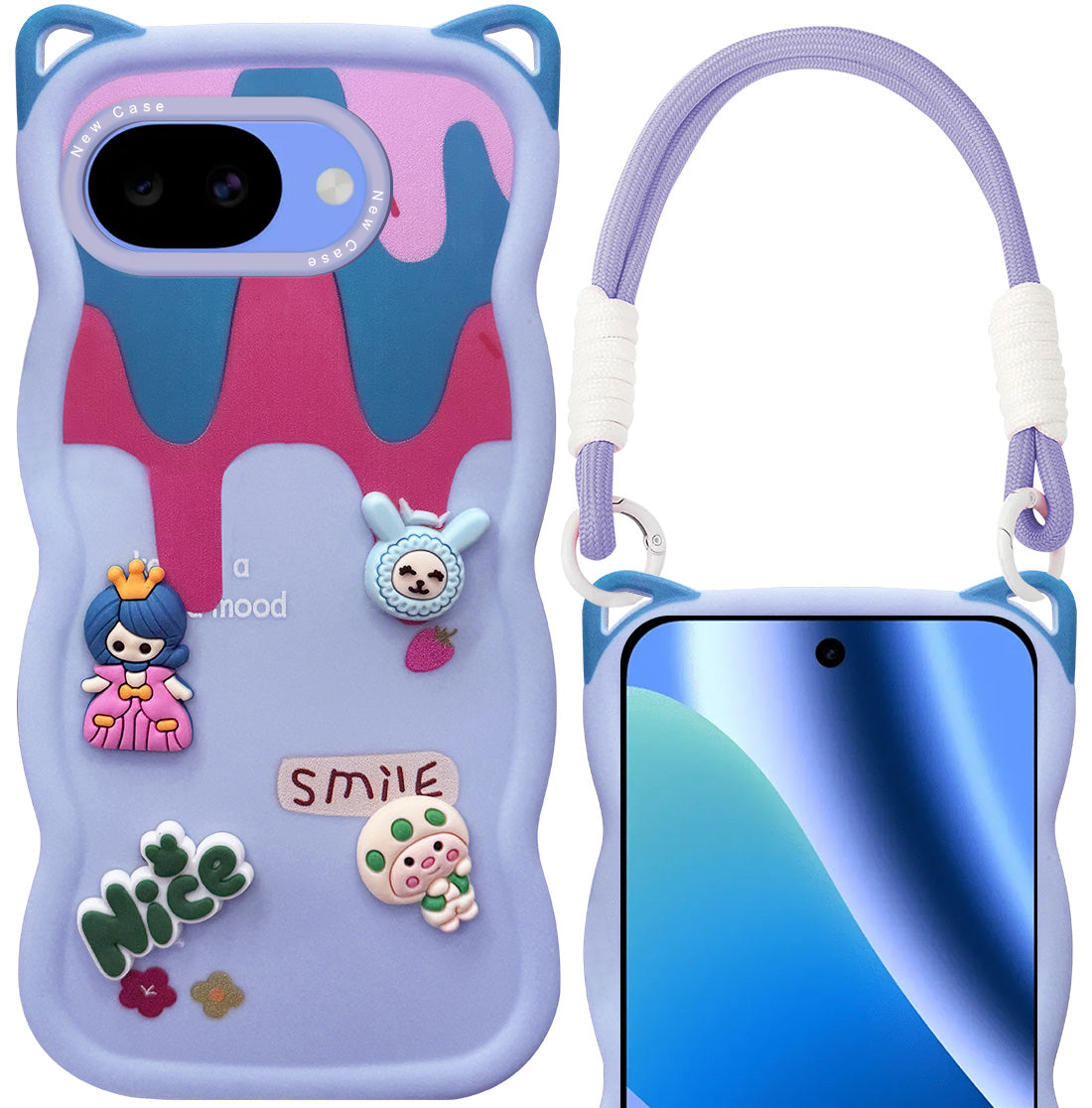 For Google Pixel 10a Back Case Cover Strap (3D Embossed Figures | Strap Holder | 360* Soft Cushion with Camera Bump)