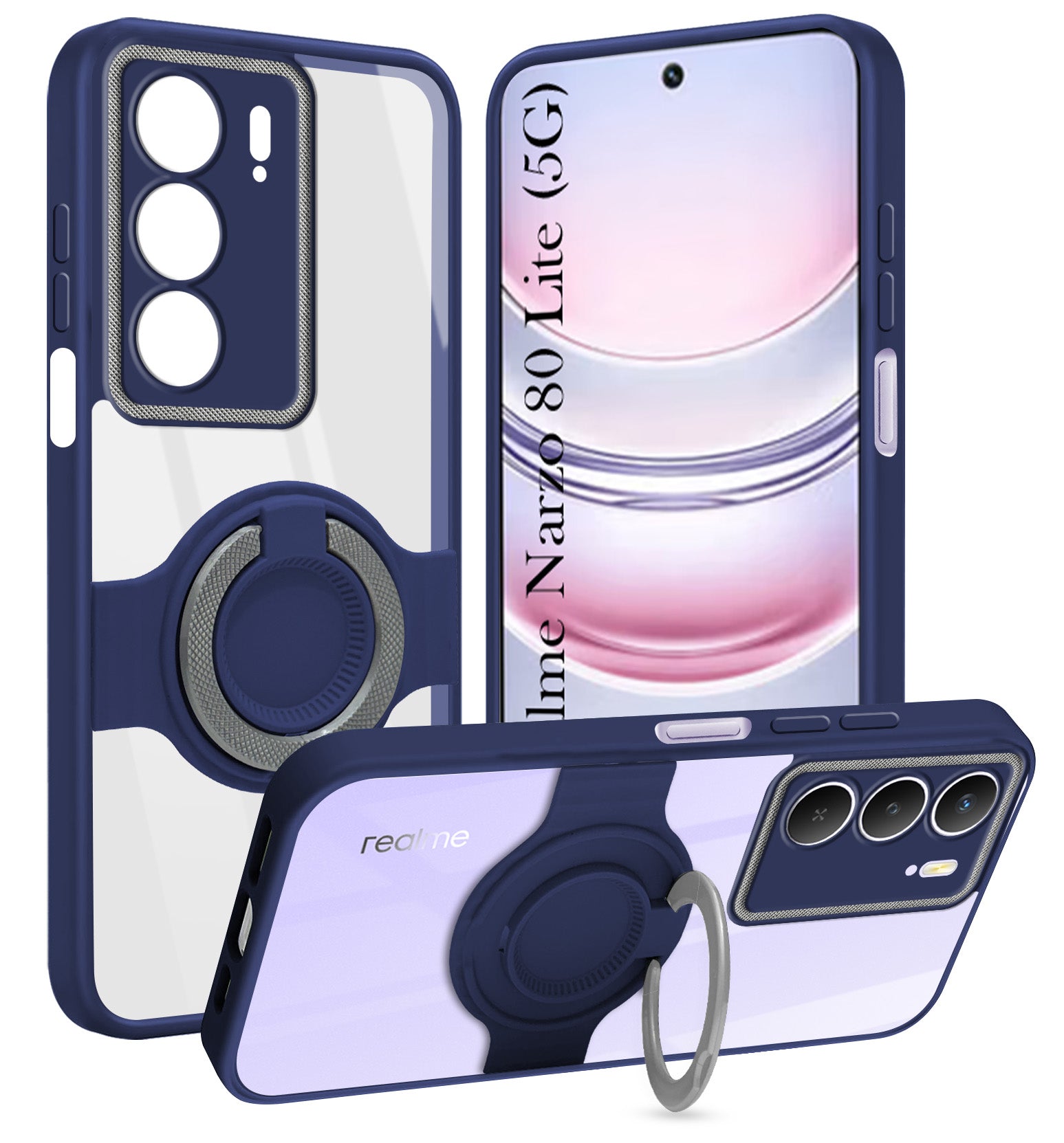 For Realme Narzo 80 Lite 5G Back Cover Case with stand (Built-in Ring Holder Kickstand | Lifetime Anti Yellow | Camera Protection)