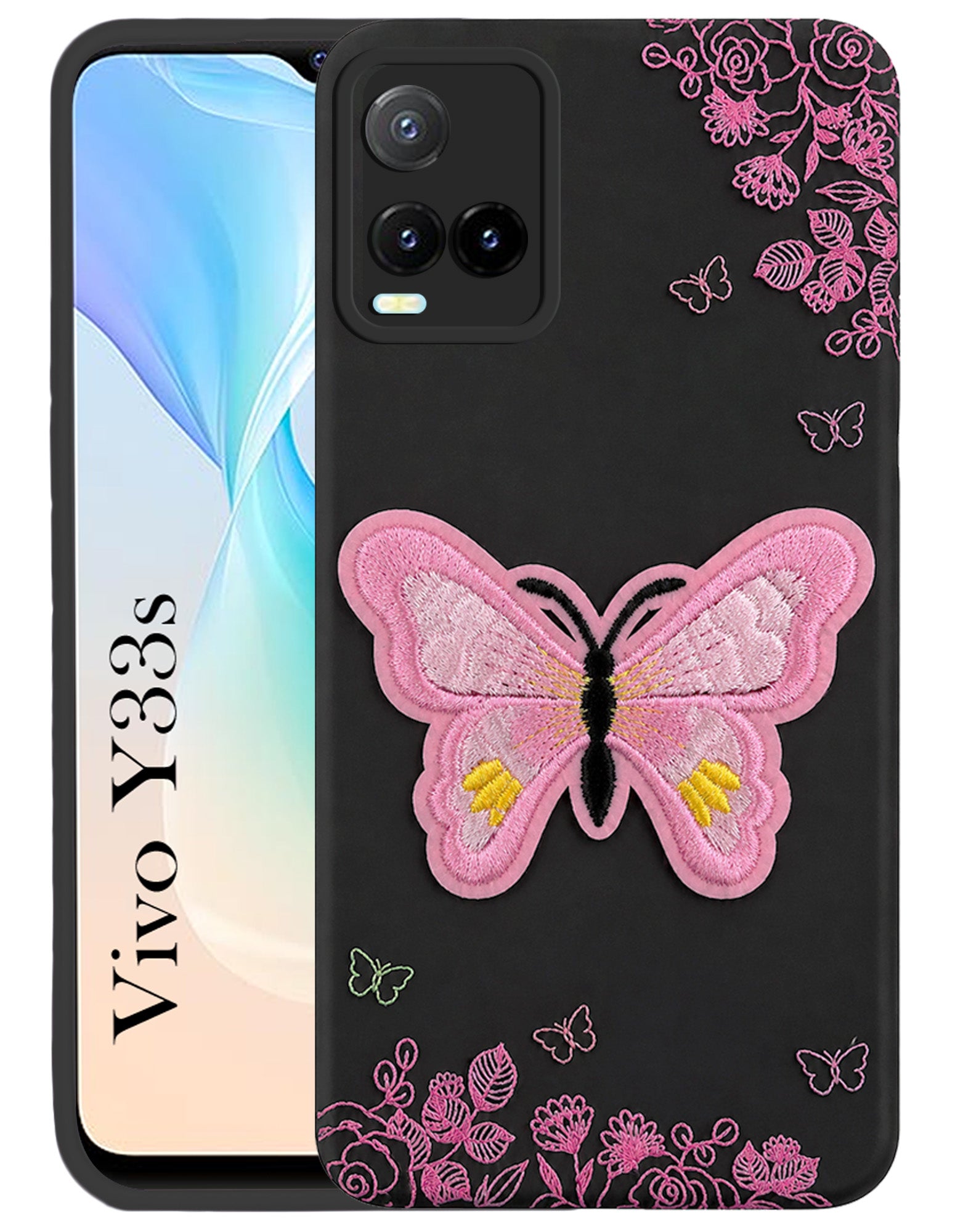 For Vivo Y33s Back Cover Case (Soft Butterfly Embroidery | Women Teen Girls | Camera Protection| Matte Silicone)