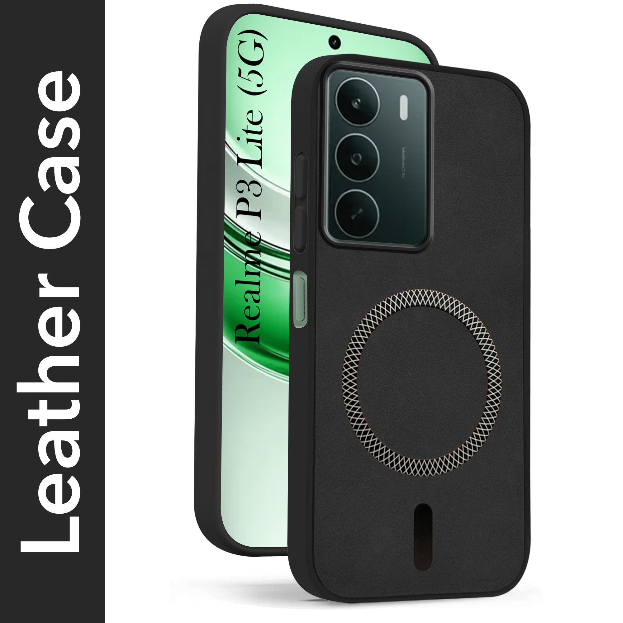 For Realme P3 lite Back Cover Case Leather Finish (MagSafe Compatible Wireless Charging | Soft Touch | Camera Bump Protection)