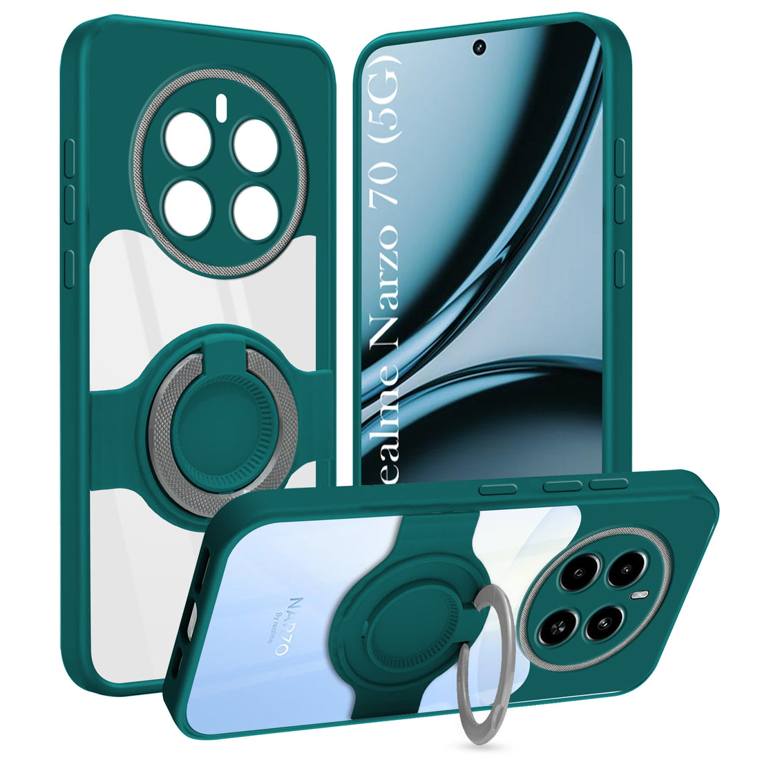 For Realme Narzo 70 5G Back Cover Case with stand (Built-in Ring Holder Kickstand | Lifetime Anti Yellow | Camera Protection)