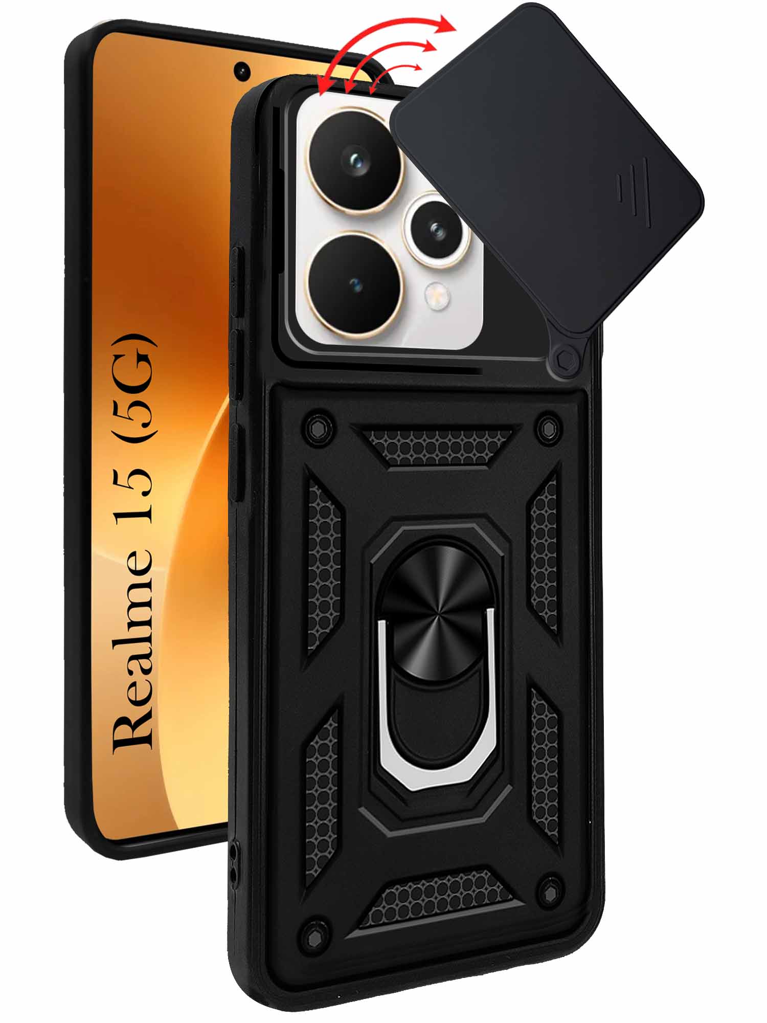 For Realme 15 Back Cover Case (Sliding Shutter Camera Protection | Polycarbonate |Ring Holder Kickstand)