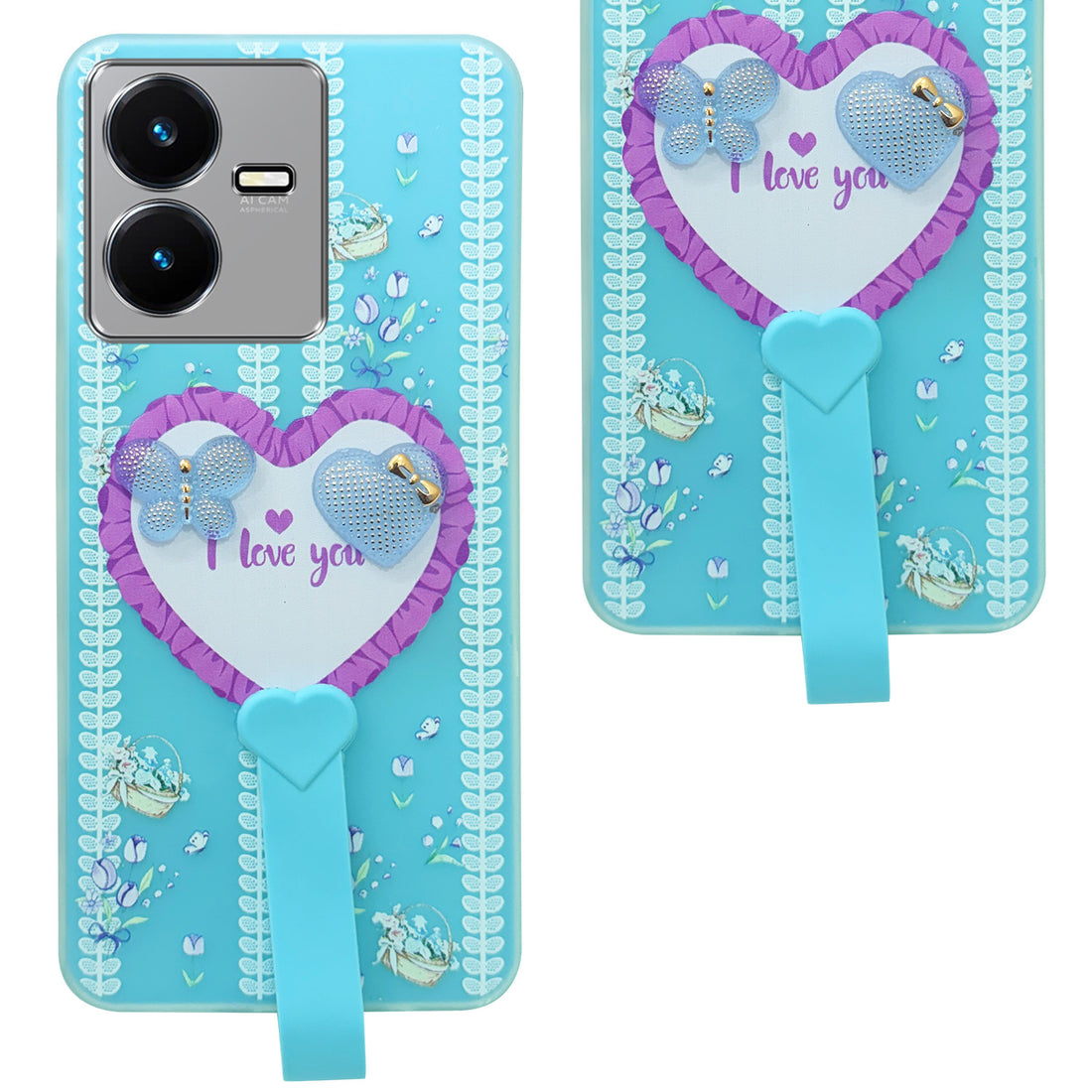 For Vivo Y22 | Vivo Y22s Back Cover Case (3D Cute Heart Strap Holder | Camera Protection | Designer Girls Print)