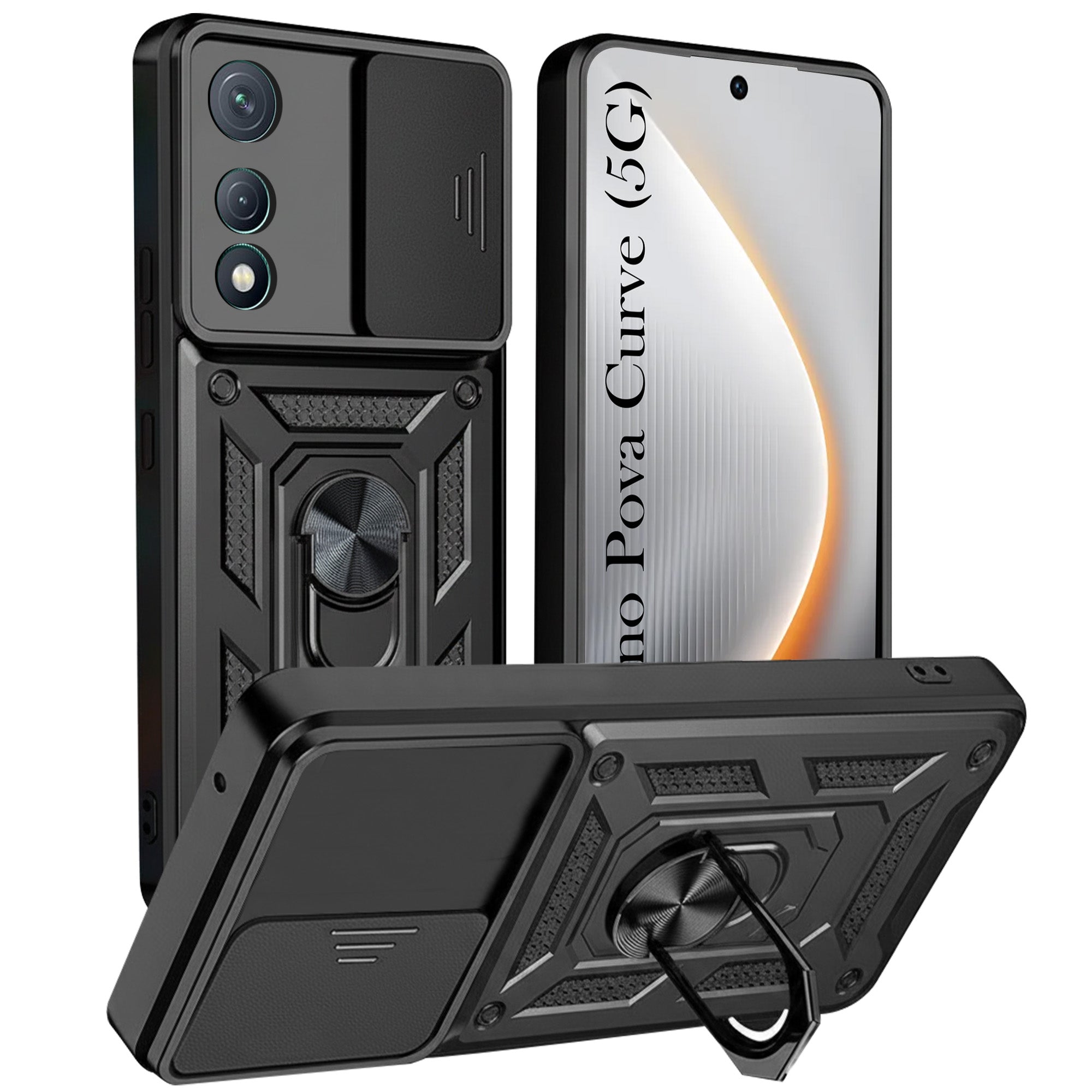 For Tecno Pova Curve Back Cover Case  Hybrid Armor (Sliding Shutter Camera Protection | Polycarbonate |Ring Holder Kickstand)