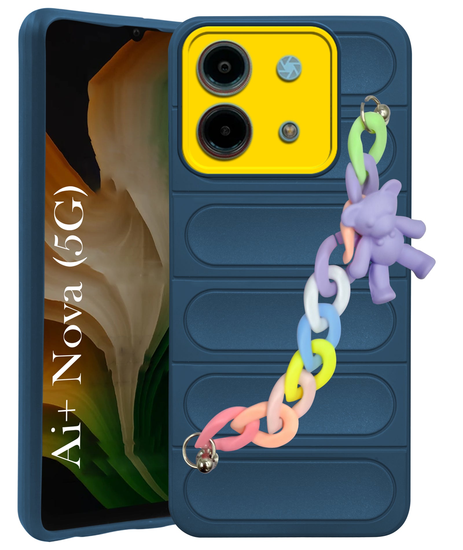 For Ai+ Nova 5G Back Cover Case (Wrist Hanging Chain | Teddy Bracelet Charms | Matte Liquid Silicone | Camera Protection Ring)
