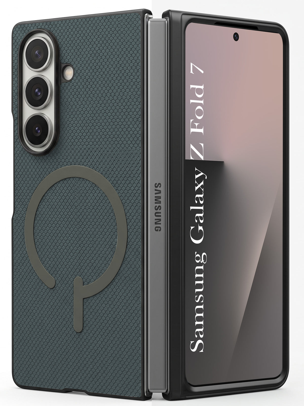 For Samsung Galaxy Z Fold 7 Premium Magnetic Back Cover Case (MagSafe Compatible | 180° Folding Design | Soft Microfiber Inner Lining | Textured Blue Finish)