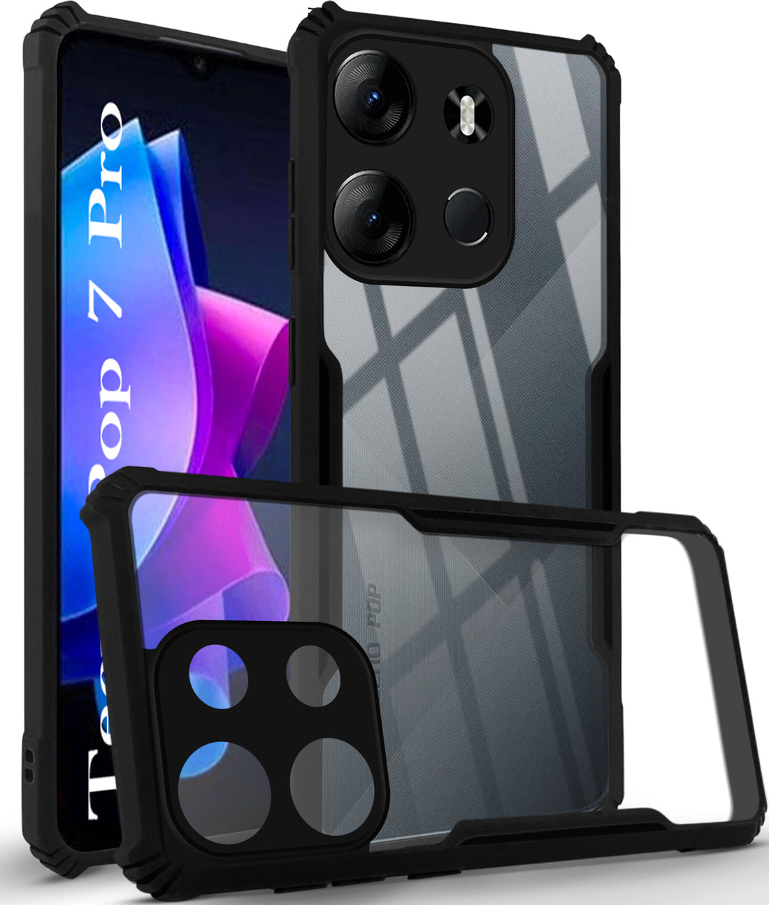 For Tecno Pop 7 Pro Back Cover Case ( Shockproof with Polycarbonate Clear Panel | Professional Black)