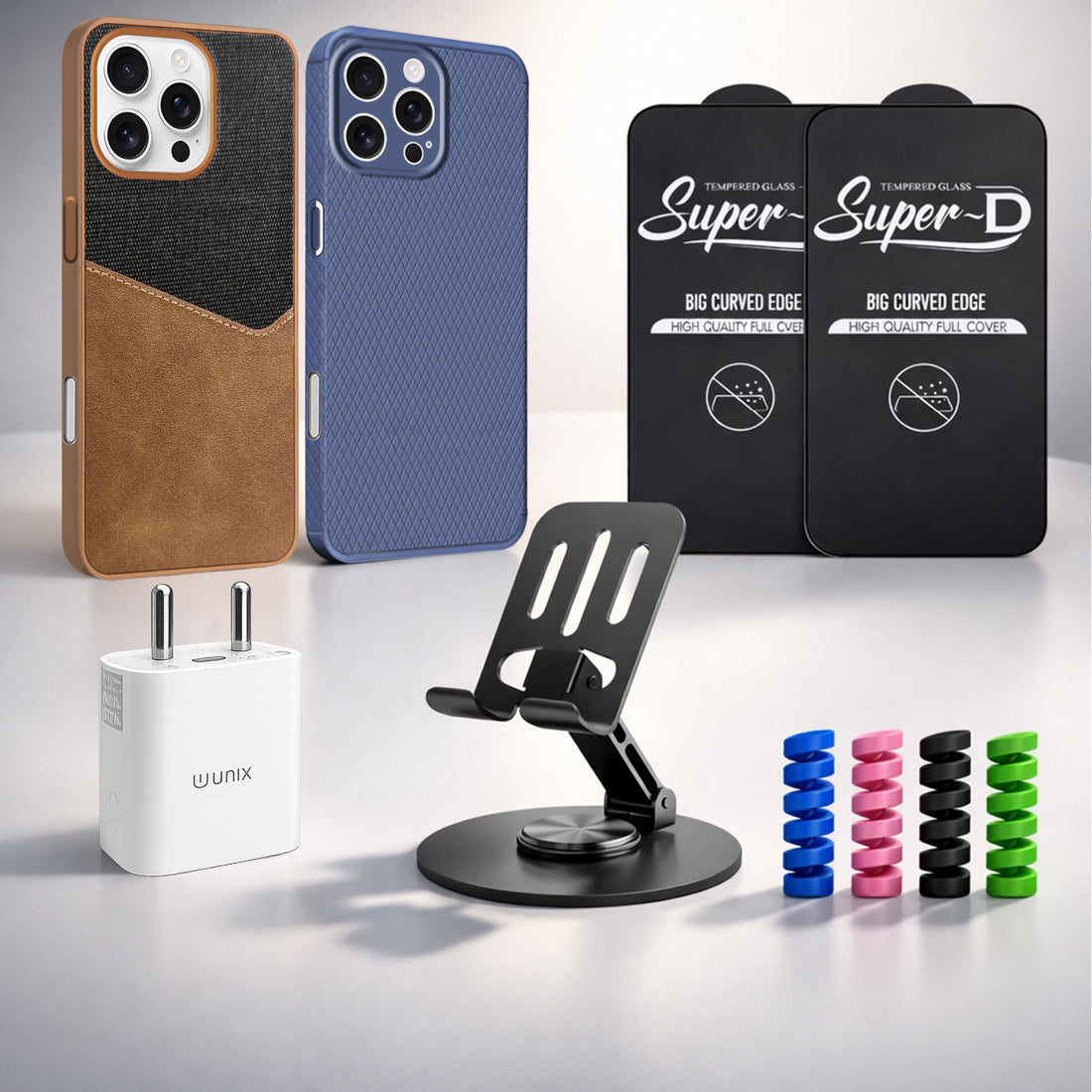 Complete Mobile Care Kit (Get Any 2 Cases+2 Tempered Glass+25W Charger Adapter+Metallic Mobile Stand+Cable Protector)