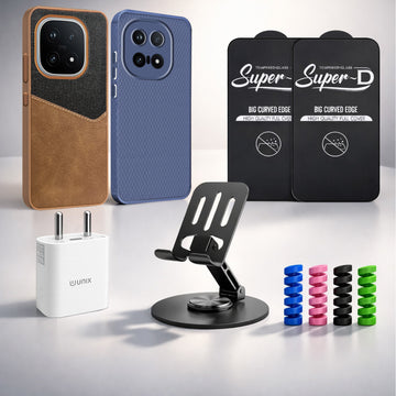 Complete Mobile Care Kit (Get Any 2 Cases+2 Tempered Glass+25W Charger Adapter+Metallic Mobile Stand+Cable Protector)