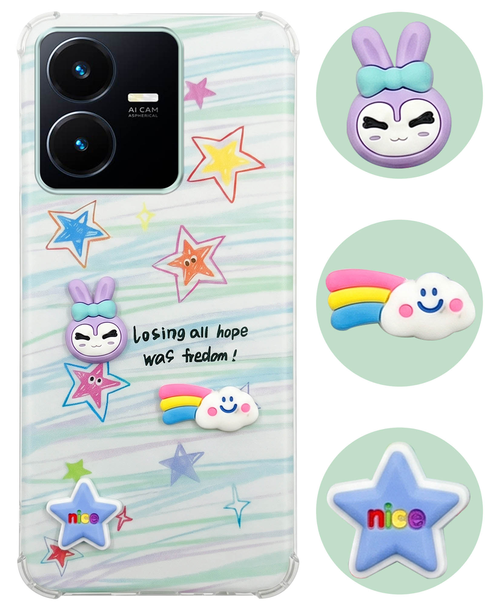 For Vivo Y22 | Vivo Y22s Back Cover Case (3D Cute Cartoons | Hard Back Side Soft | Matte Premium Finish | HD Printing)