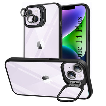 For Apple iPhone 14 Plus Back Cover Case (Camera Lens Glass | Metal Stand Holder | Shockproof Hybrid | Anti Yellow |)