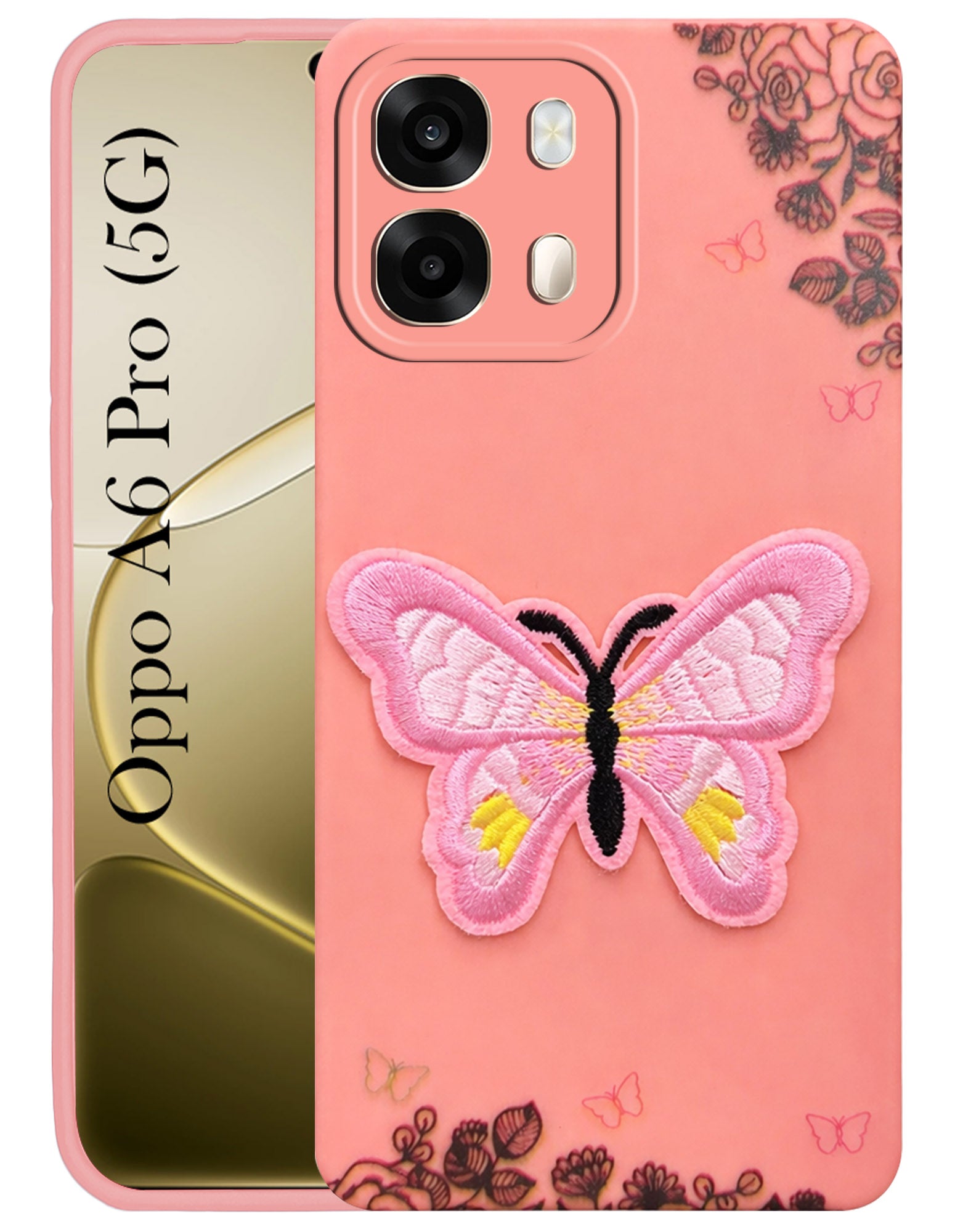 For Oppo A6 Pro Back Cover Case (Soft Butterfly Embroidery | Women Teen Girls | Camera Protection| Matte Silicone)