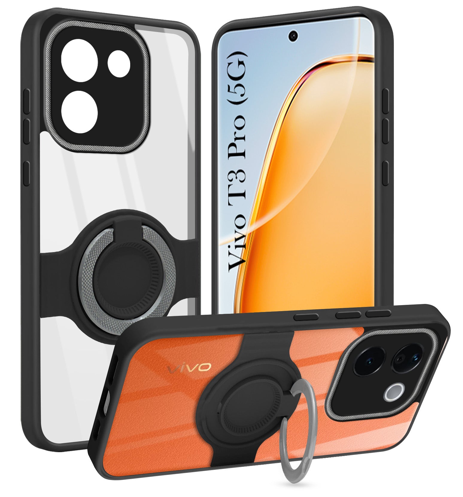 For Vivo T3 Pro Back Cover Case with stand (Built-in Ring Holder Kickstand | Lifetime Anti Yellow | Camera Protection)