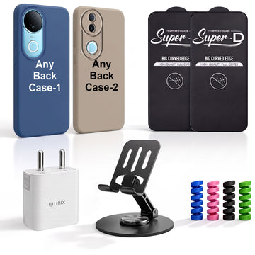Complete Mobile Care Kit (Get Any 2 Cases+2 Tempered Glass+25W Charger Adapter+Metallic Mobile Stand+Cable Protector)
