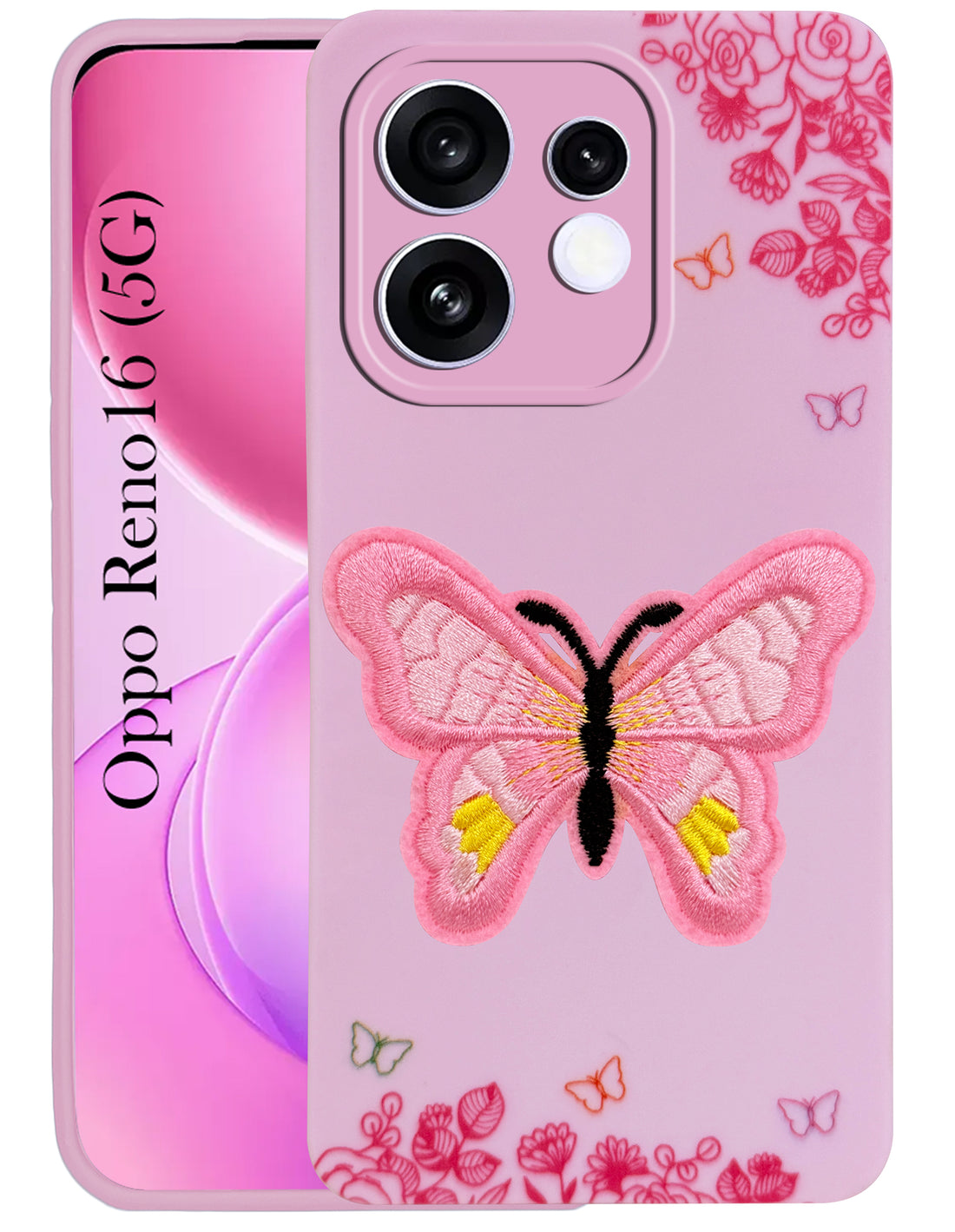 For Oppo Reno 16 Back Cover Case (Soft Butterfly Embroidery | Women Teen Girls | Camera Protection| Matte Silicone)