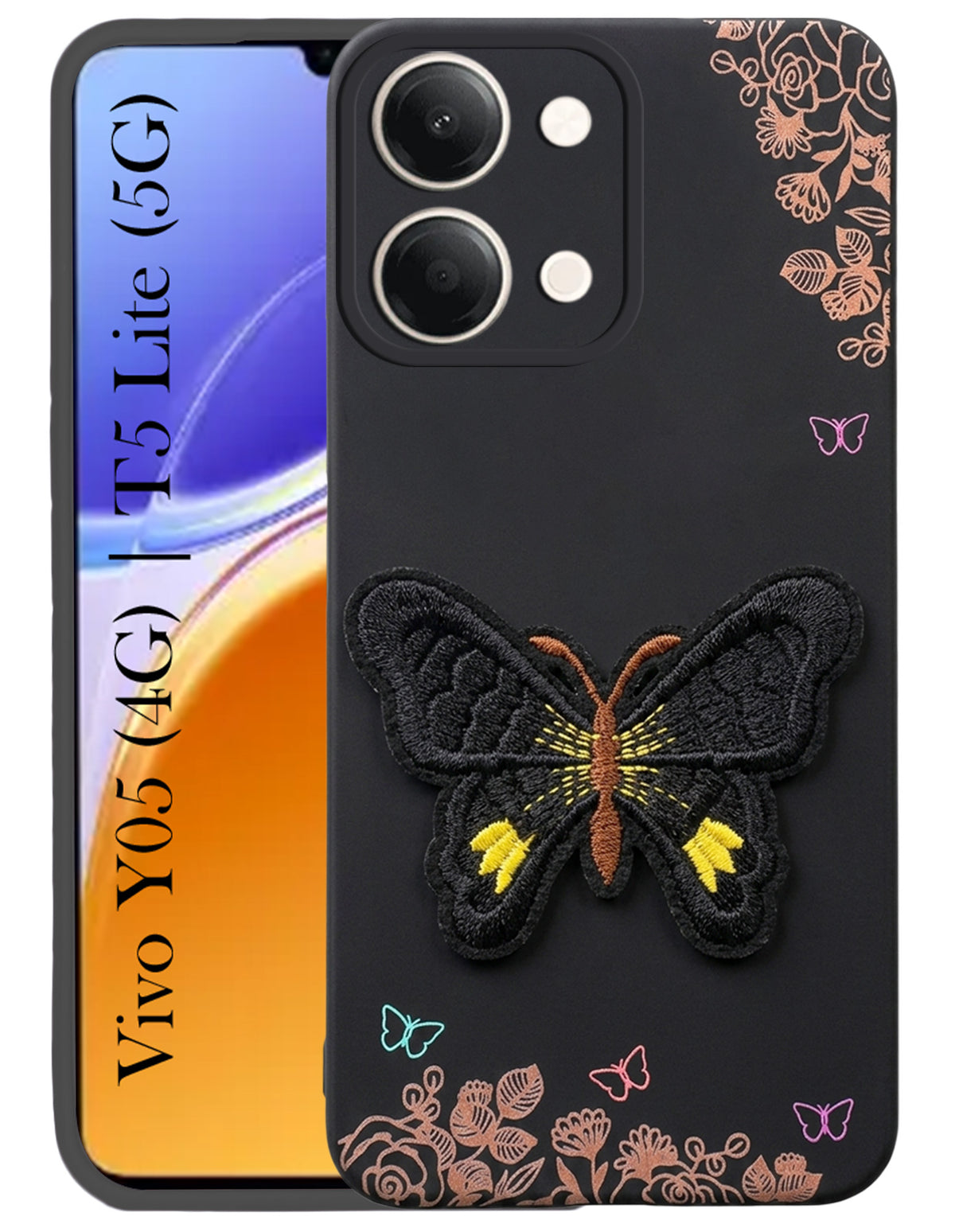 For Vivo Y05 (4G) | Vivo T5 Lite (5G) Back Cover Case (Soft Butterfly Embroidery | Women Teen Girls | Camera Protection| Matte Silicone)