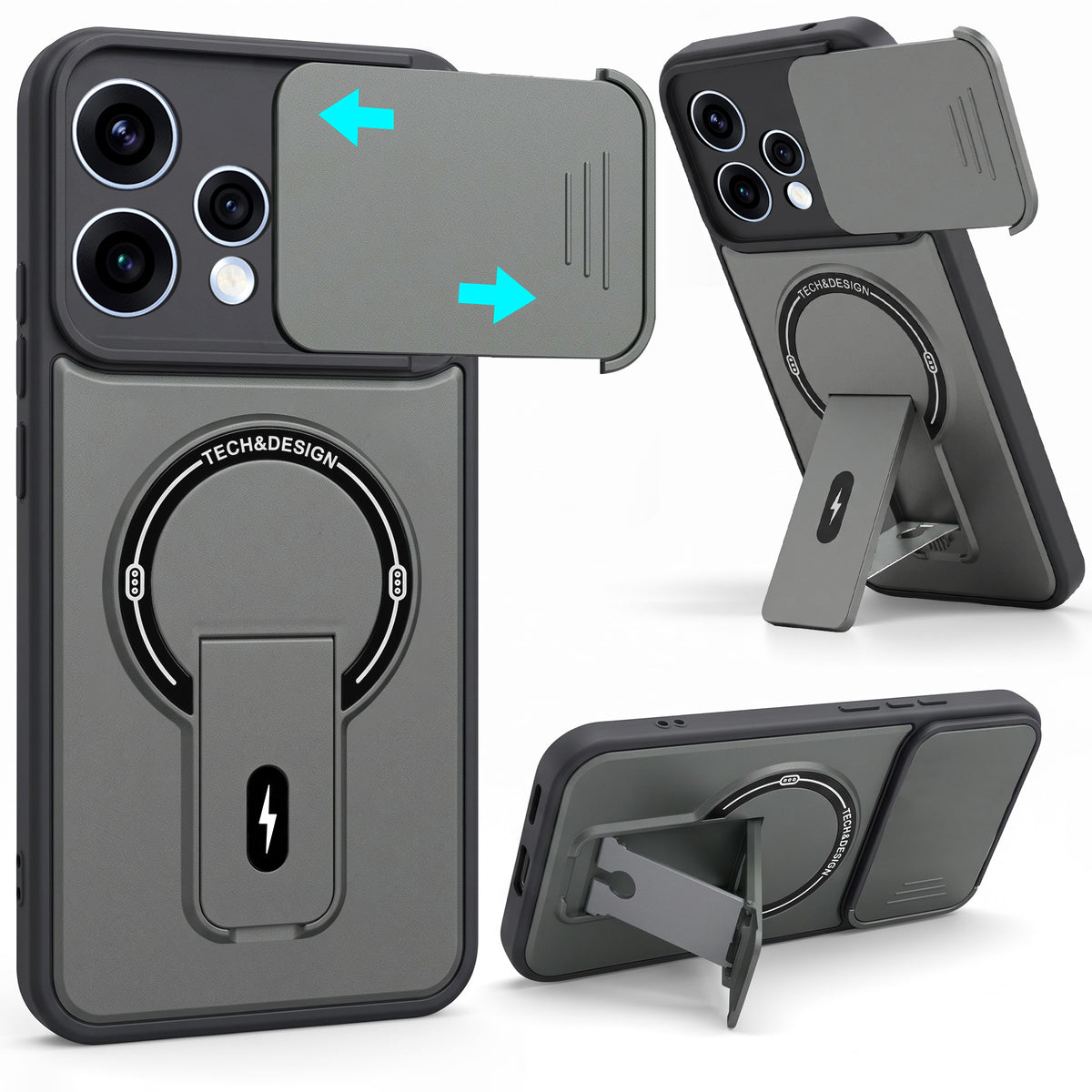 For Oppo Reno15 5G | Oppo Reno 15 5G Back Case Cover Metallic (Hybrid Armor Kickstand | Sliding Shutter Camera Protection | MagSafe Compatible)