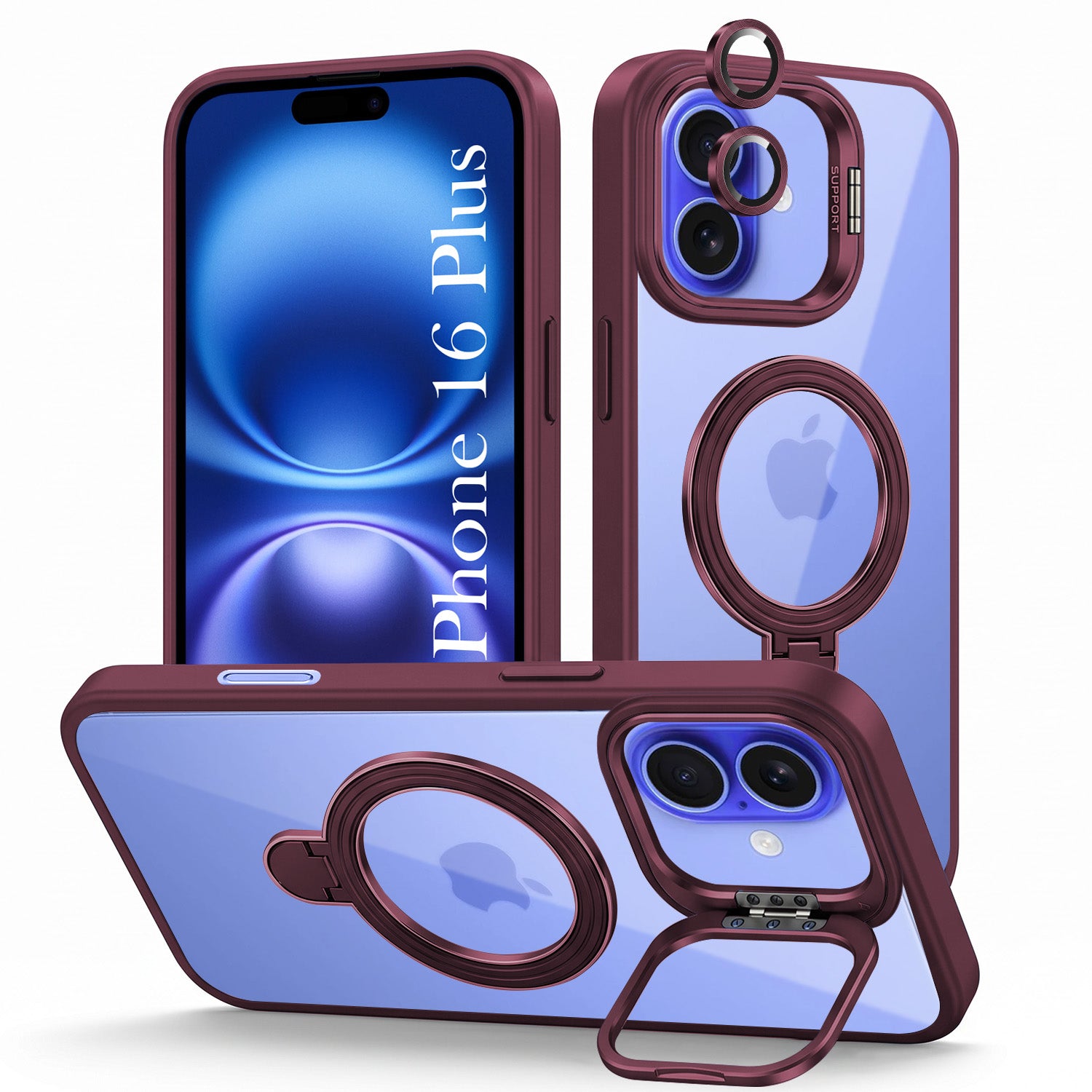 For Apple iPhone 16 Plus Back Cover Case Crystal (Lifetime Anti Yellow | Magnetic Ring Stand | Camera Lens Protection | MagSafe Compatible)
