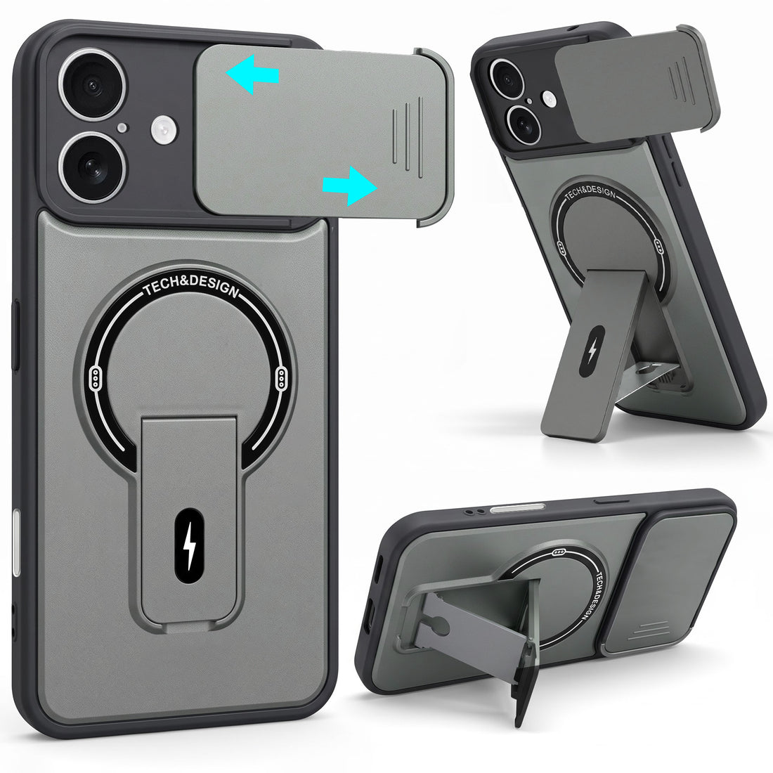For Apple iPhone 17 Back Case Cover Metallic (Hybrid Armor Kickstand | Sliding Shutter Camera Protection | MagSafe Compatible)
