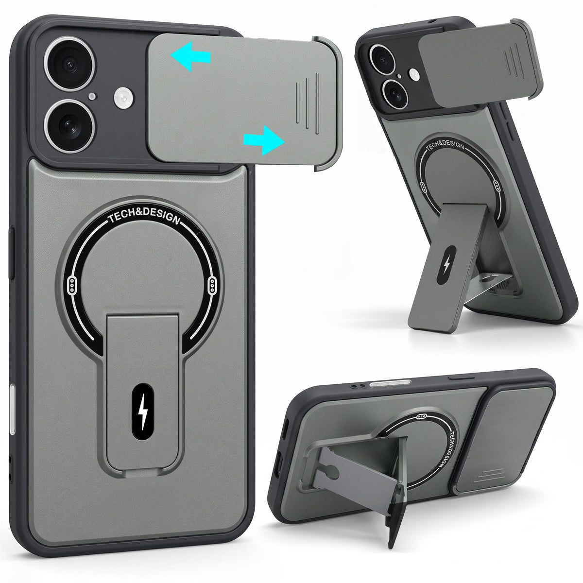 For Apple iPhone 17 Back Case Cover Metallic (Hybrid Armor Kickstand | Sliding Shutter Camera Protection | MagSafe Compatible)
