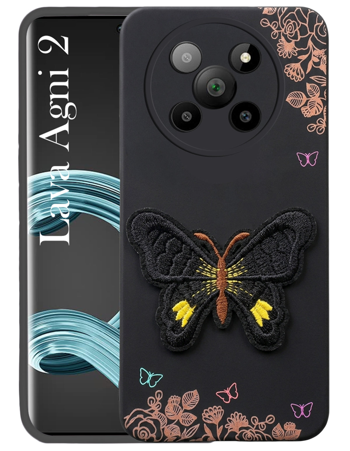 For Lava Agni 2 5G Back Cover Case (Soft Butterfly Embroidery | Women Teen Girls | Camera Protection| Matte Silicone)