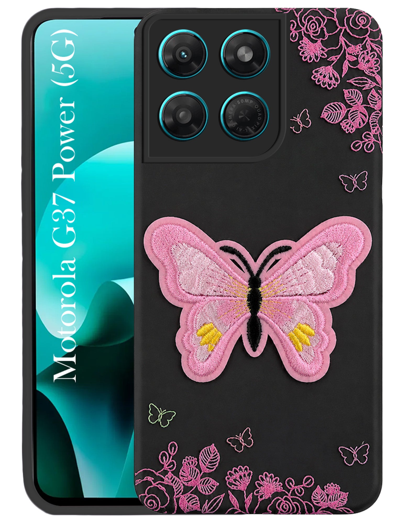 For Motorola Moto G37 Power Back Cover Case (Soft Butterfly Embroidery | Women Teen Girls | Camera Protection| Matte Silicone)