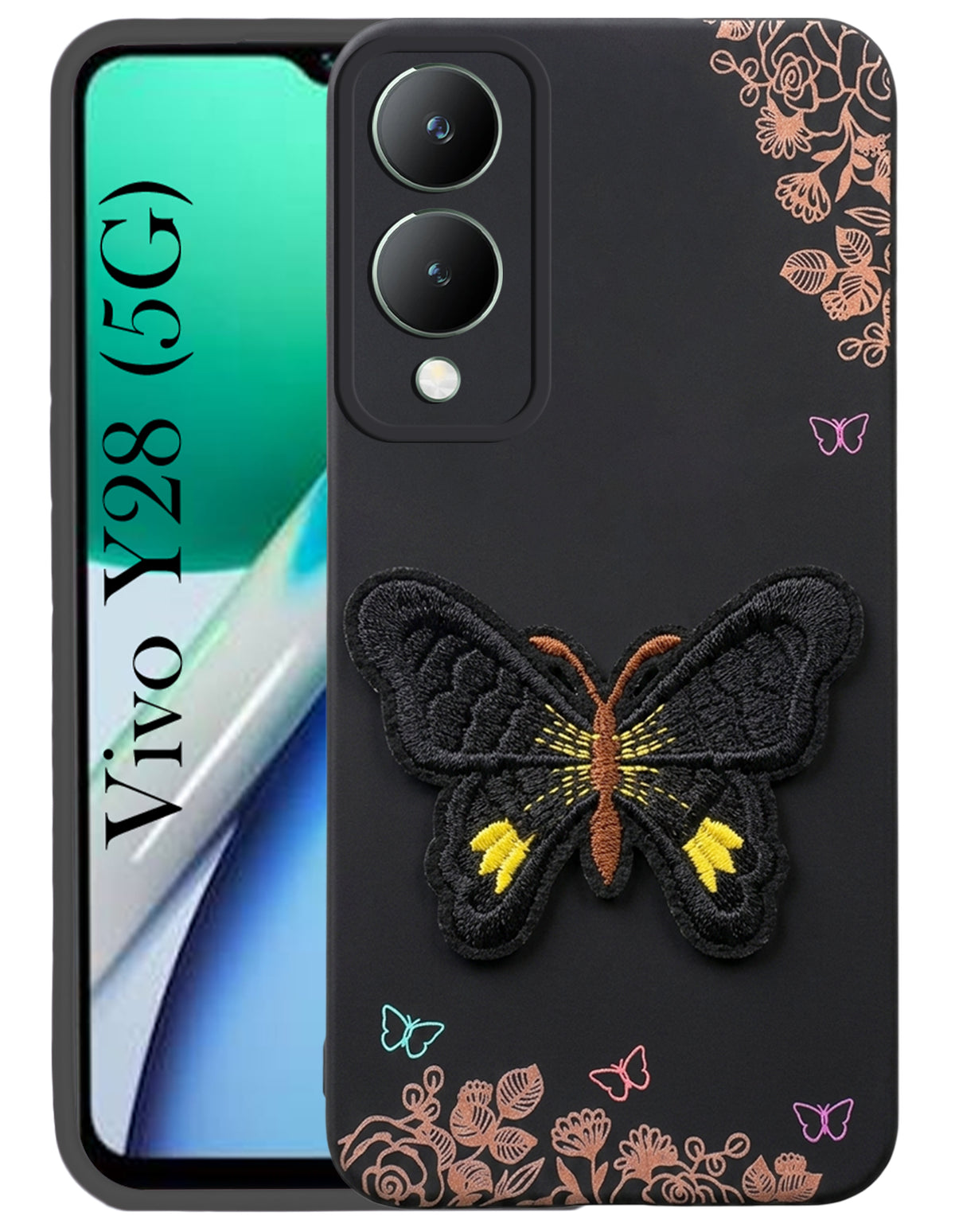 For Vivo Y28 5G Back Cover Case (Soft Butterfly Embroidery | Women Teen Girls | Camera Protection| Matte Silicone)