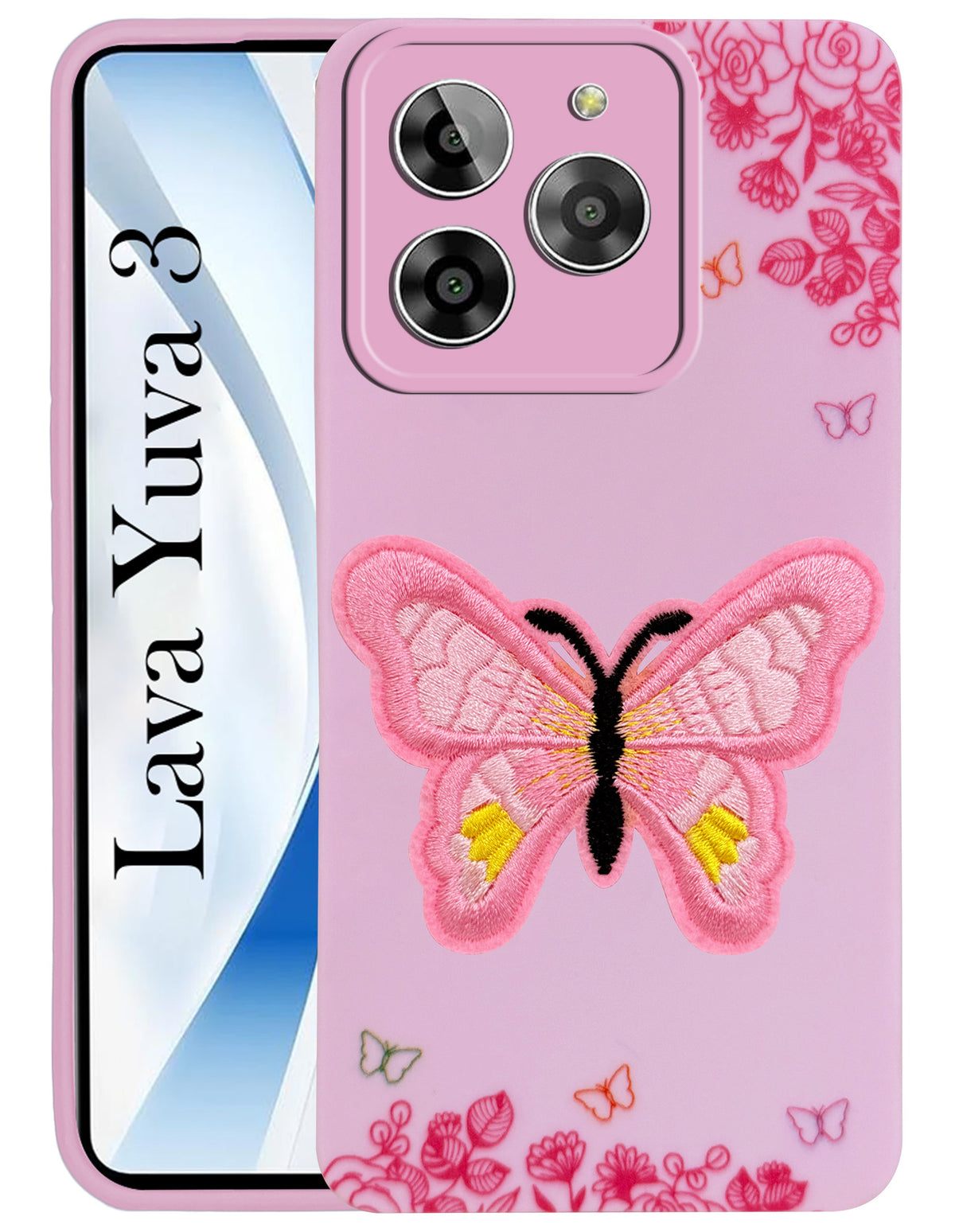 For Lava Yuva 3 Back Cover Case (Soft Butterfly Embroidery | Women Teen Girls | Camera Protection| Matte Silicone)