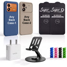 Complete Mobile Care Kit (Get Any 2 Cases+2 Tempered Glass+25W Charger Adapter+Metallic Mobile Stand+Cable Protector)
