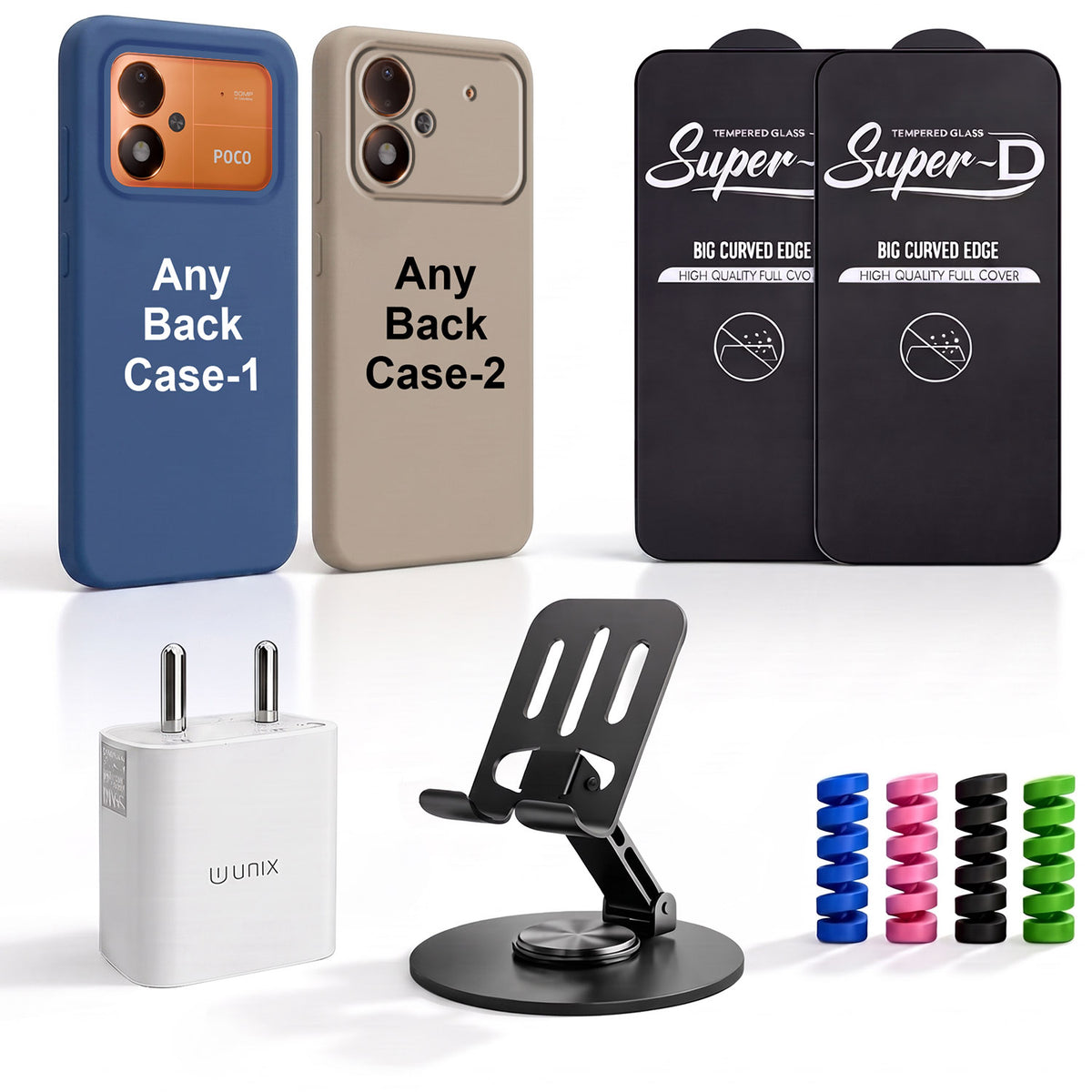 Complete Mobile Care Kit (Get Any 2 Cases+2 Tempered Glass+25W Charger Adapter+Metallic Mobile Stand+Cable Protector)