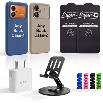 Complete Mobile Care Kit (Get Any 2 Cases+2 Tempered Glass+25W Charger Adapter+Metallic Mobile Stand+Cable Protector)